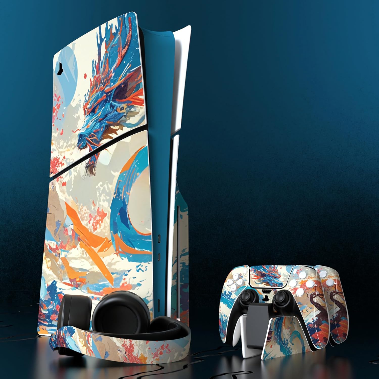 PlayVital Full Set Skin Sticker for ps5 Slim Console Disc Edition (The New Smaller Design), Vinyl Skin Decal Cover for ps5 Controller & Headset & Charging Station - Dragon's Elysium - Image 4