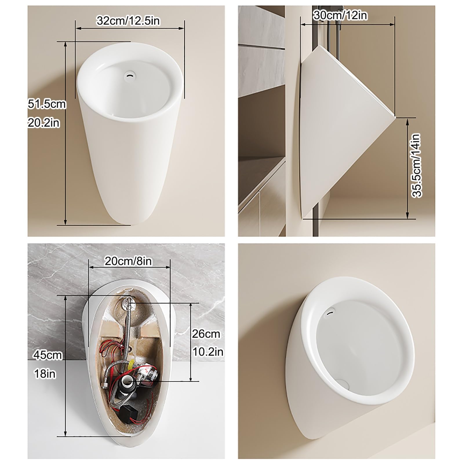 Urinarios de cerámica para Hombres, Urinario de Pared con Sensor Inteligente y Descarga, para Uso público, para Karaoke, Bares, baños y hoteles(White)