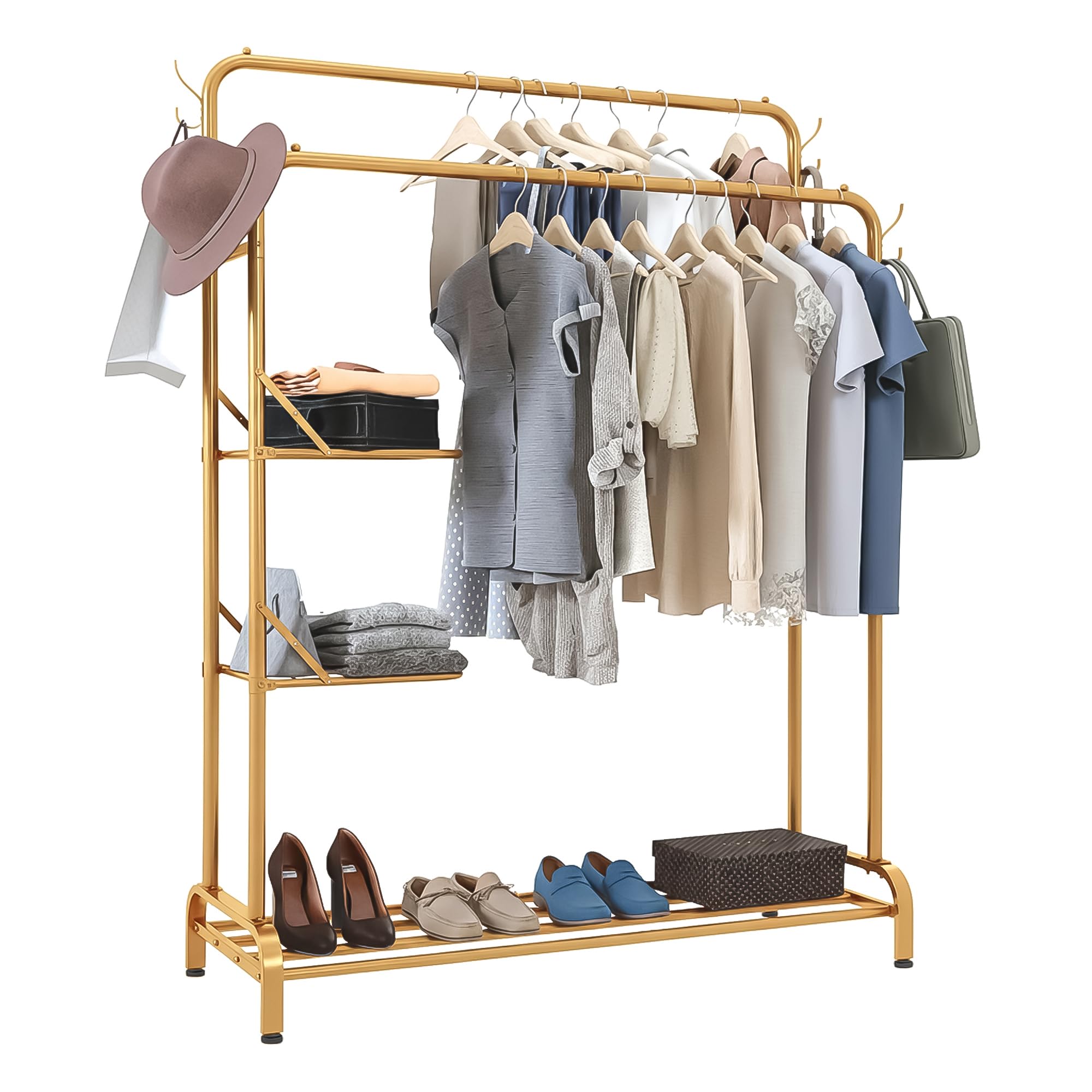 KLASS Double Clothes Rail Heavy Duty With Folding Shelves, 100KG Free Standing Garment Clothes Rack Stand With 2 Hanging Poles, Storage Shelves, Shoe Rack & 4 Hooks, Sturdy Clothing Rail (Gold)