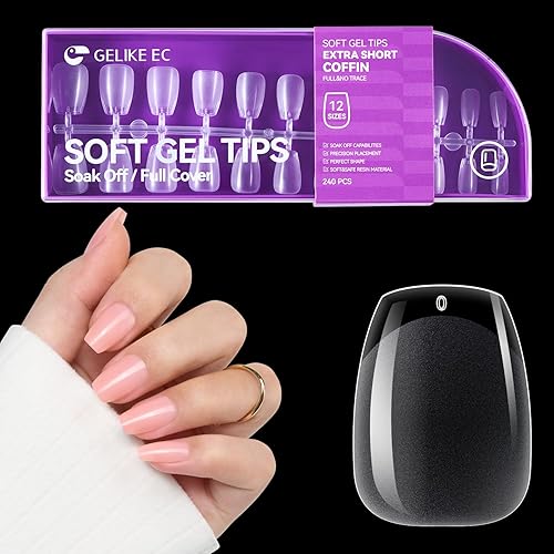 Gelike EC Kit de puntas de uñas de gel suave extra cortas, para extensiones de uñas de remojo, cubierta completa, forma de ataúd extra corto, resina