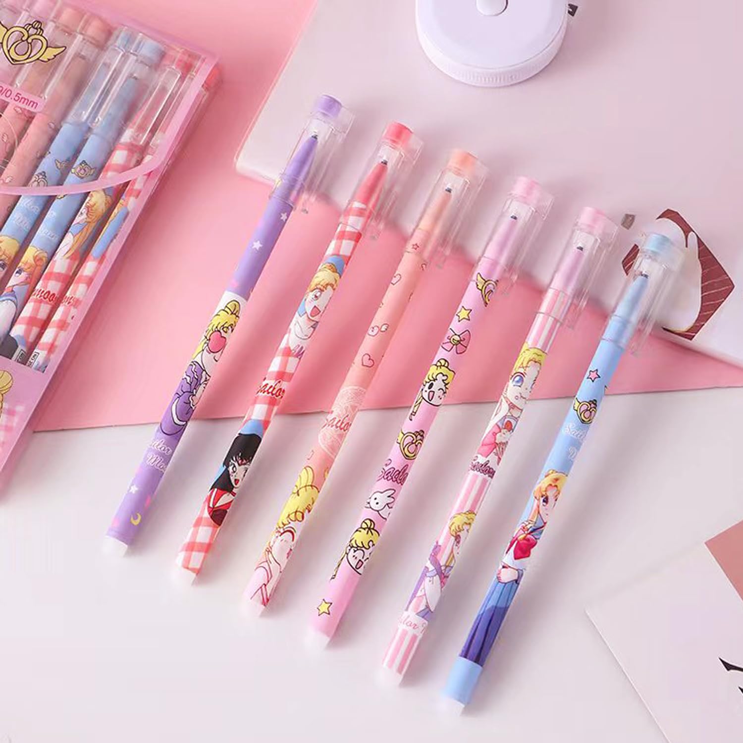 Set Penne Gel Sailor Moon | 6 Penne + Astuccio + 25 Adesivi | Inchiostro Nero 0.5mm | Regalo Fan - Foto 7