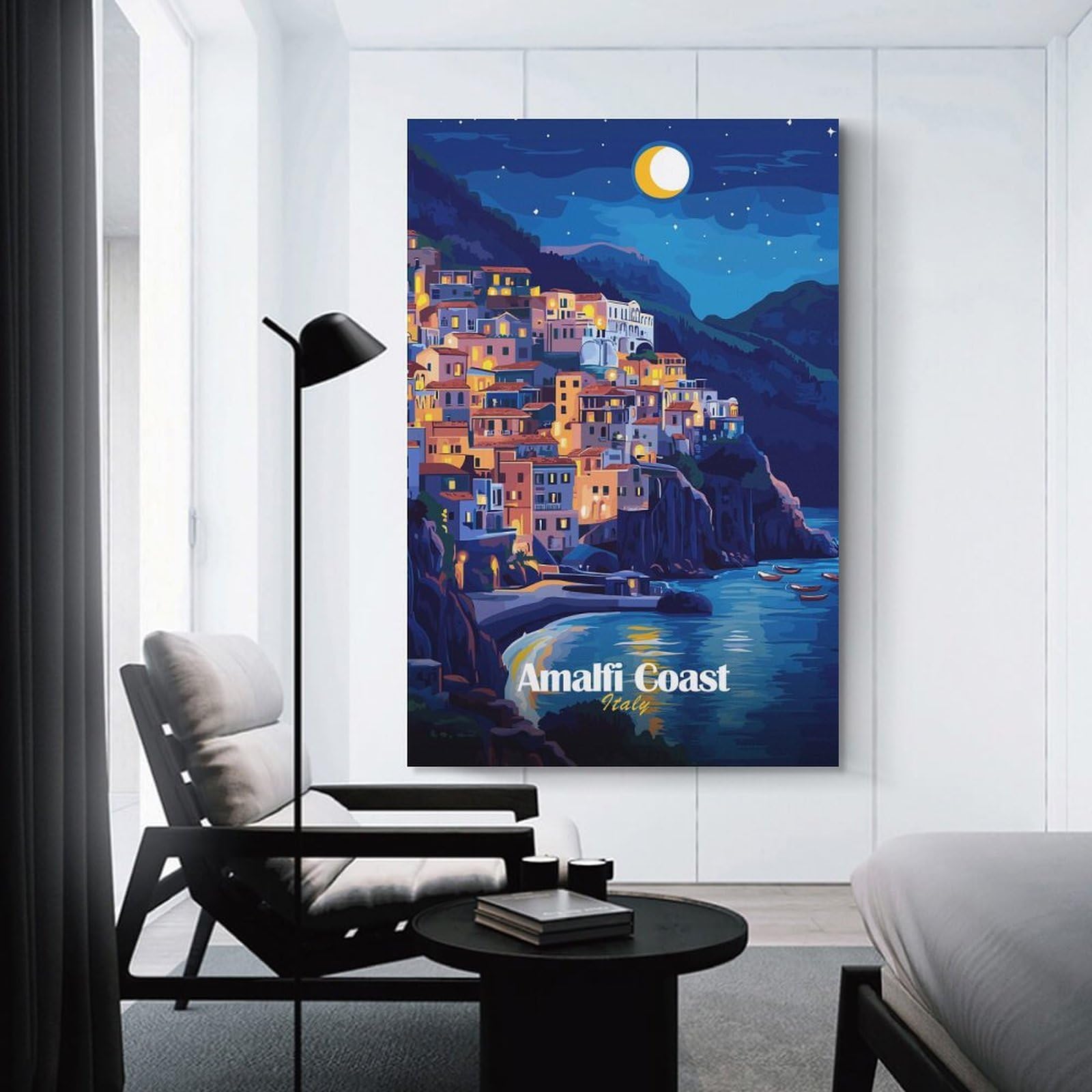 Junmoney Amalfi Coast Night Hanging Wall Art 24x36inch(60x90cm), for Small Homes, Bedrooms Or Open Spaces, An Easy Choice for New Home Styling