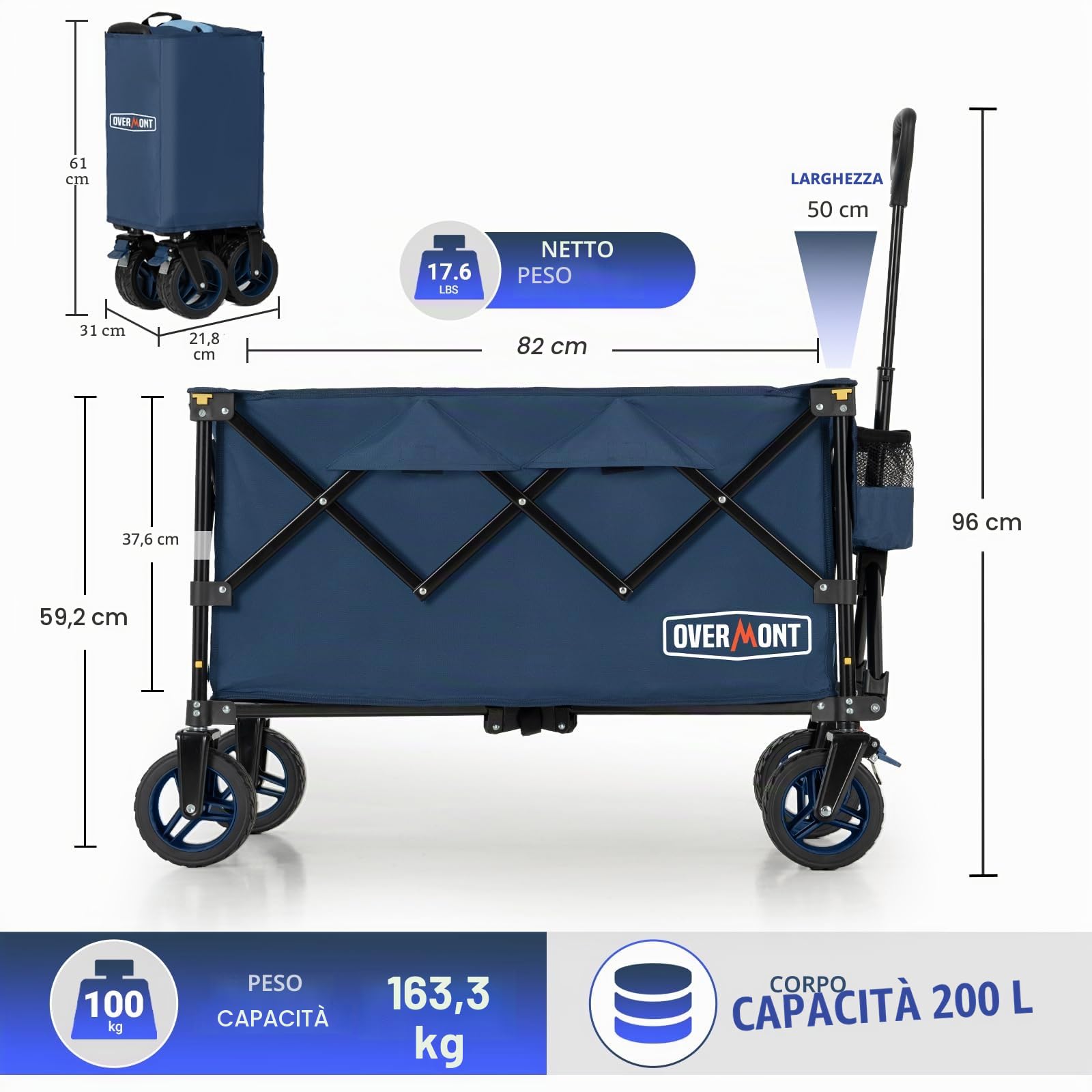 Overmont Carrello da Giardino Pieghevole con Ruote - Carrello da Spiaggia per Tutti i Terreni - Capacità Carico 150kg 150L per Festival Campeggio Picnic Sport Shopping Blu
