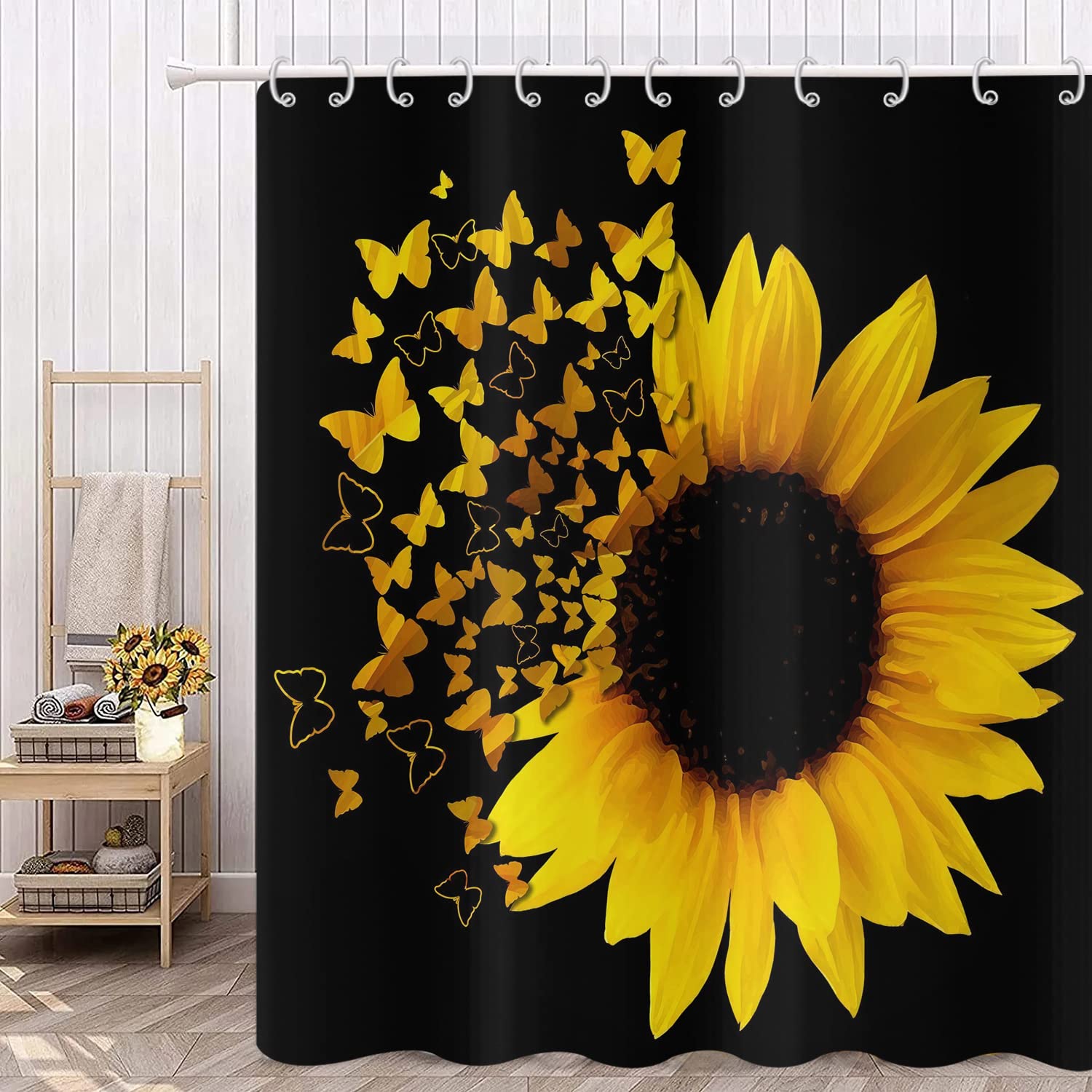 Sunflower Shower Curtain 180x180, Hnmdmyi Yellow Flower and Butterfly Shower Curtains Rustic Farmhouse Black Bathroom Curtains with Hooks Waterproof Polyester Fabric Washable Bath Curtain for Wet Room