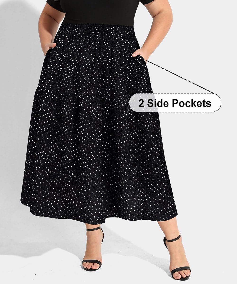 CARCOS Plus Size Skirts for Curvy Women Elastic High Waist Boho Maxi Skirt Pleated A-Line Tiered Long Skirts with Pockets - Image 3