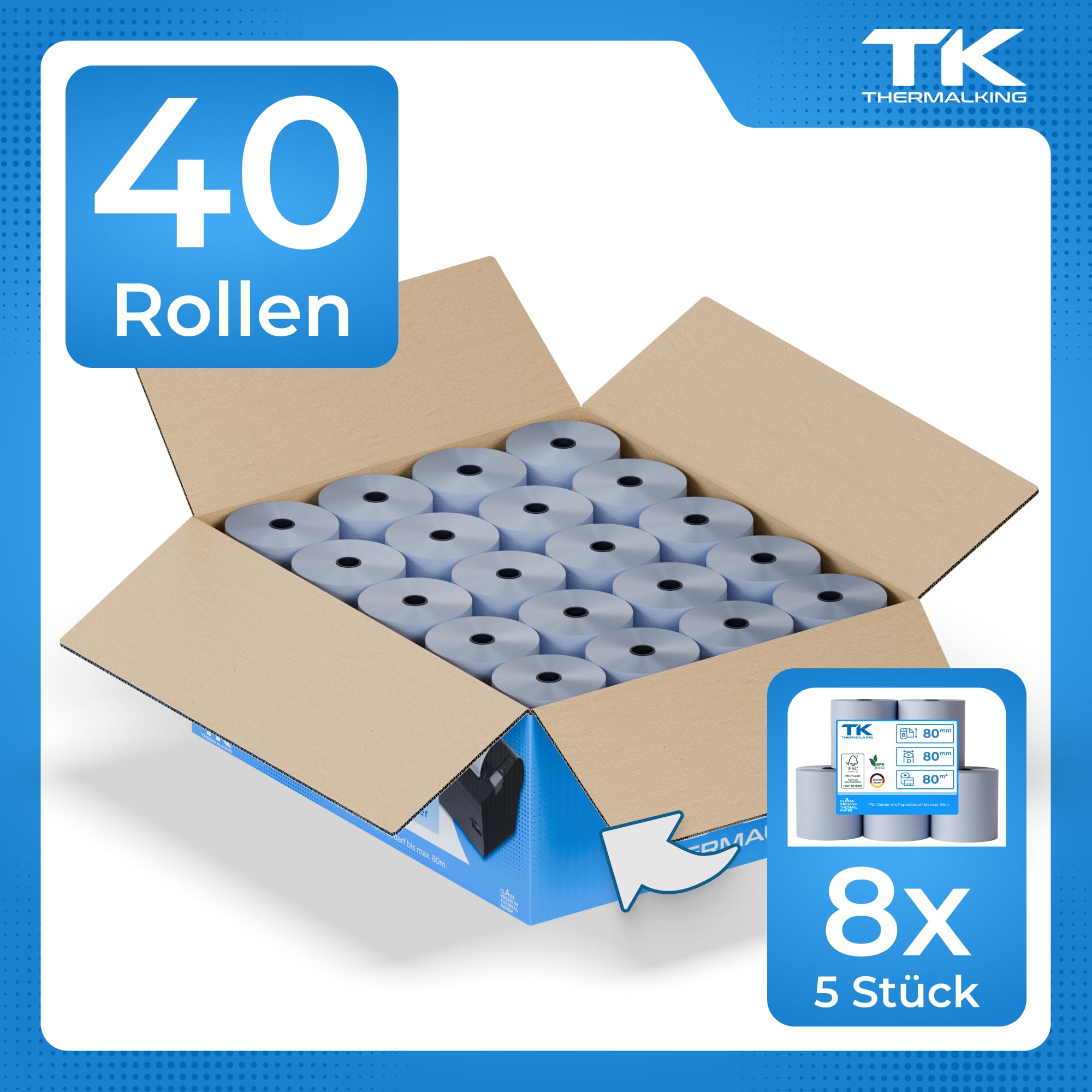 THERMALKING - ÖKO - Thermorollen 80mm x 80m x 12mm [für Bondrucker wie Epson, IBM & co.] - Bonrollen 80x80x12 Thermo - Thermopapier - Geeignet für Drucksysteme mit Papierbedarf bis 80m (40 Stk)