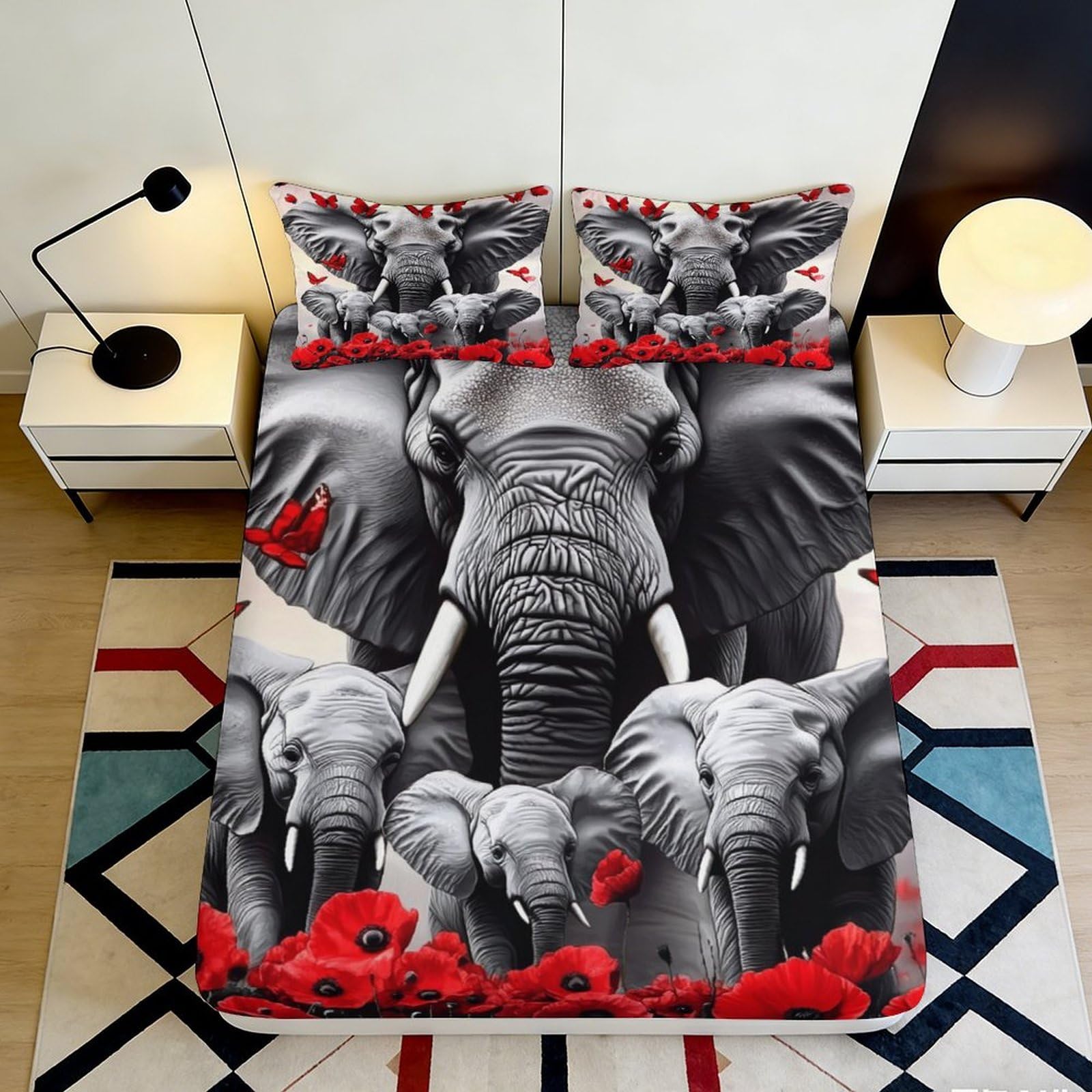 3D Printed Elephant Family Fitted Sheet Microfiber Durable Soft with Red Flowers Bed Cover for Bedroom Dormitory Guest Room Mattress Protection 120x200x25cm