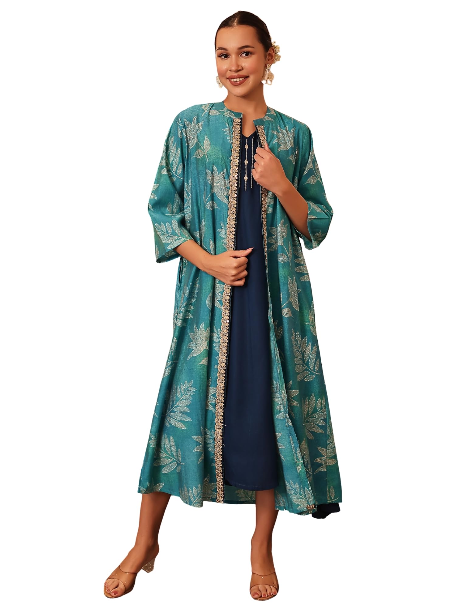 ZELENA Maternity Feeding Shrug & Dress Combo with Zip for Women | 100% Soft Rayon Pre & Post Pregnancy Foil Printed Dress Combo Set | Nursing Dress & Front Opening Shrug Set for Mothers-image-5