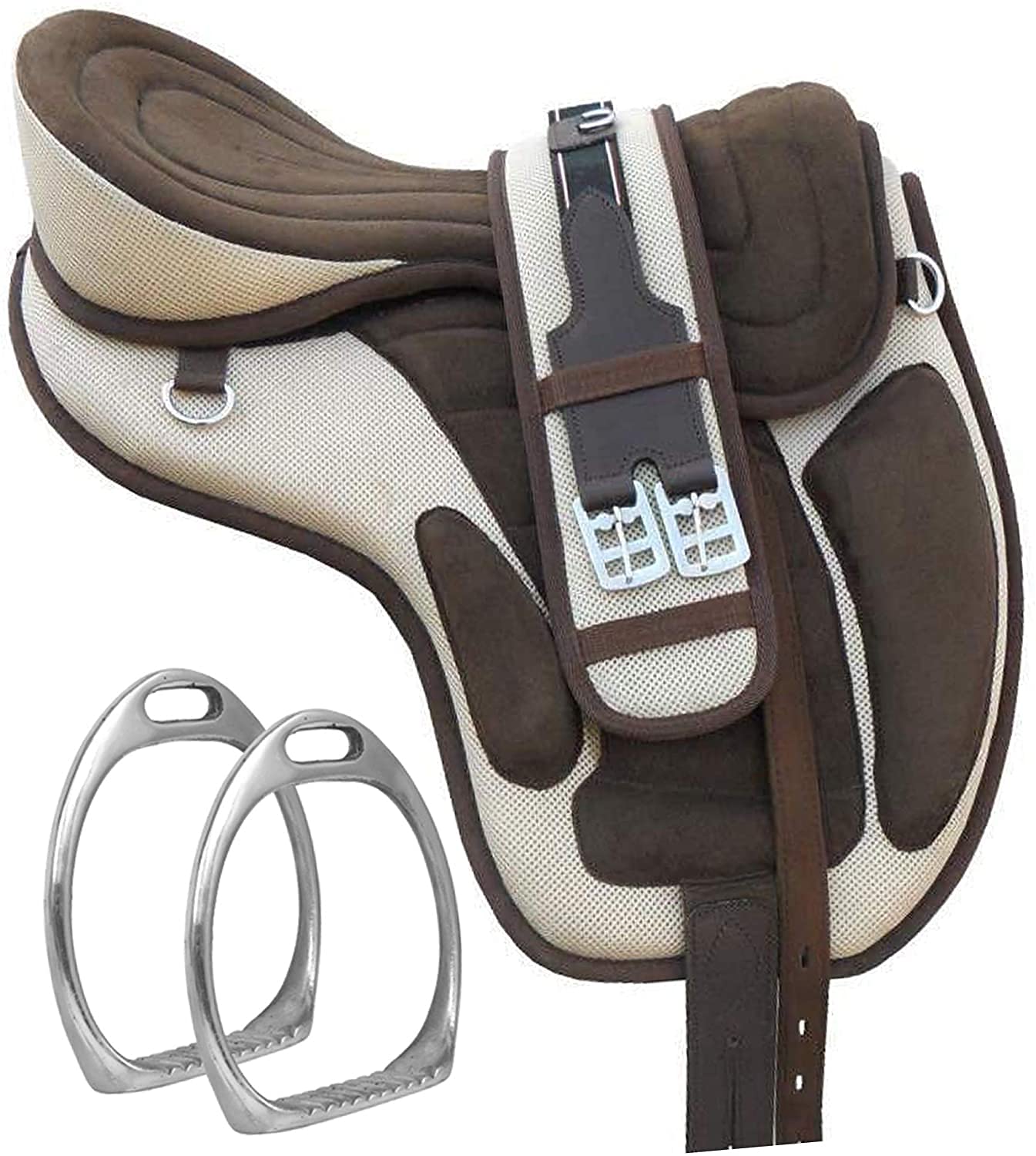 Synthetic Treeless Freemax Horse Saddle All Purpose Size 14" to 18 Inch Seat Matching Girth and A Set of Aluminum Stirrup