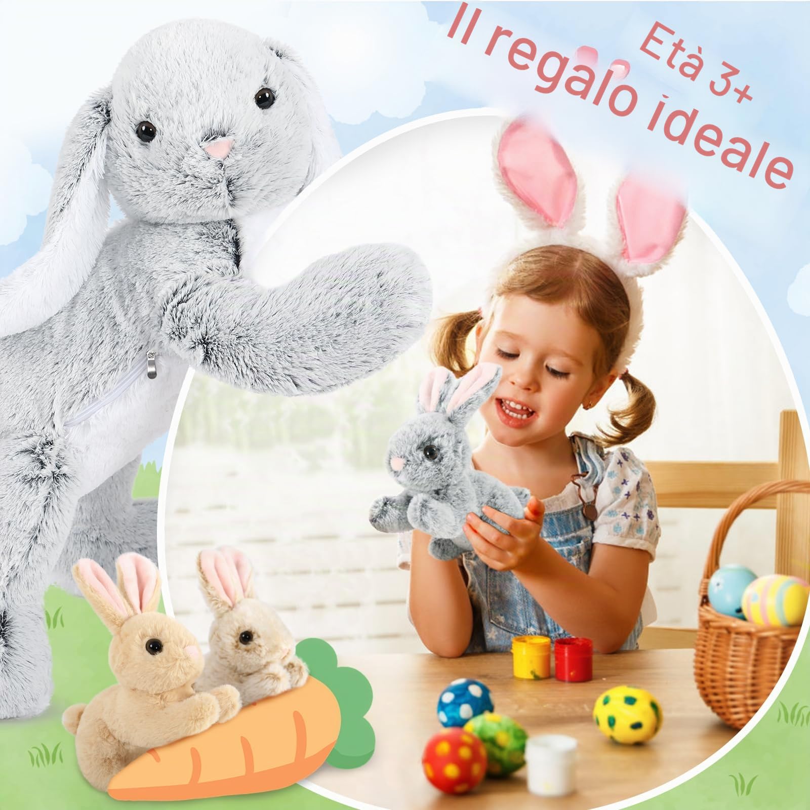 MorisMos Coniglio Peluche Gigante, 60cm Mom Coniglio con 3 Kawaii Bebè Grigio Easter Bunny Teddy Morbido Animali di Peluche Grande Regalo per Ragazzi Ragazze Fidanzata Pasqua Compleanno Deco