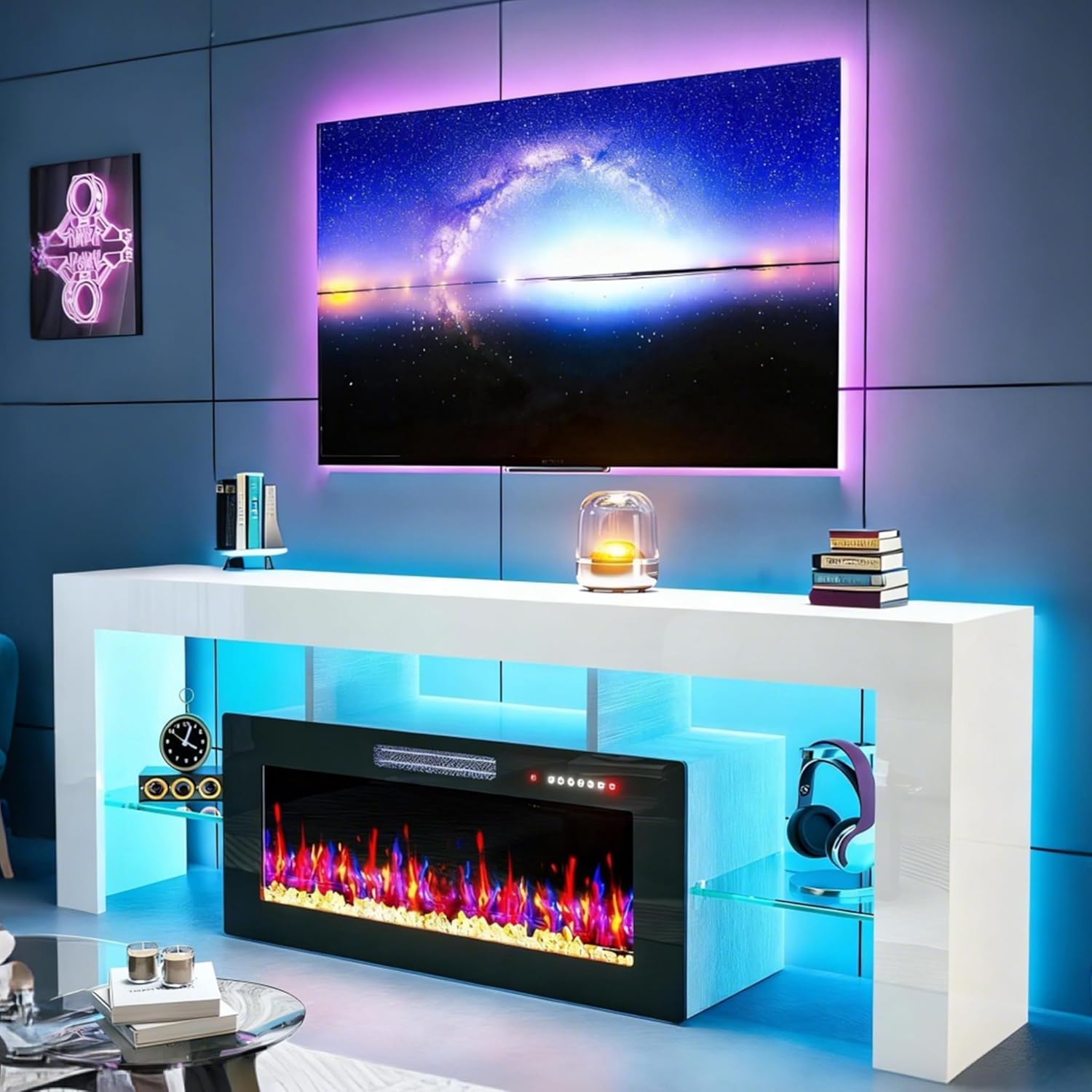 TOLEAD 70" Fireplace TV Stand for TVs Up to 80", High Gloss Entertainment Center with 36" Electric Fireplace Heater, 7 Color LED Strip and Adjustable Glass Shelves for Living Room (White)