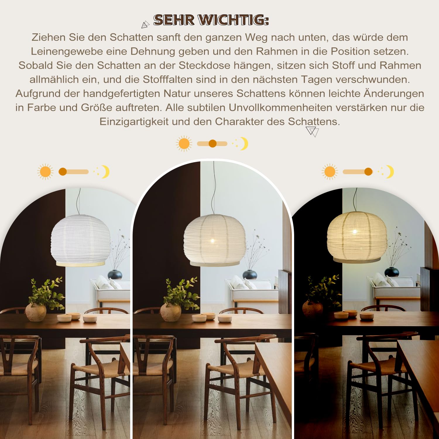METHDEECO Hängelampe 45 x 35 cm aus Stoff und Bambus mit Stecker | Handgefertigt, Boho/Japandi Stil, Mit Schalter, Für Schlafzimmer, Wohnzimmer, Essbereich, Ohne Leuchtmittel