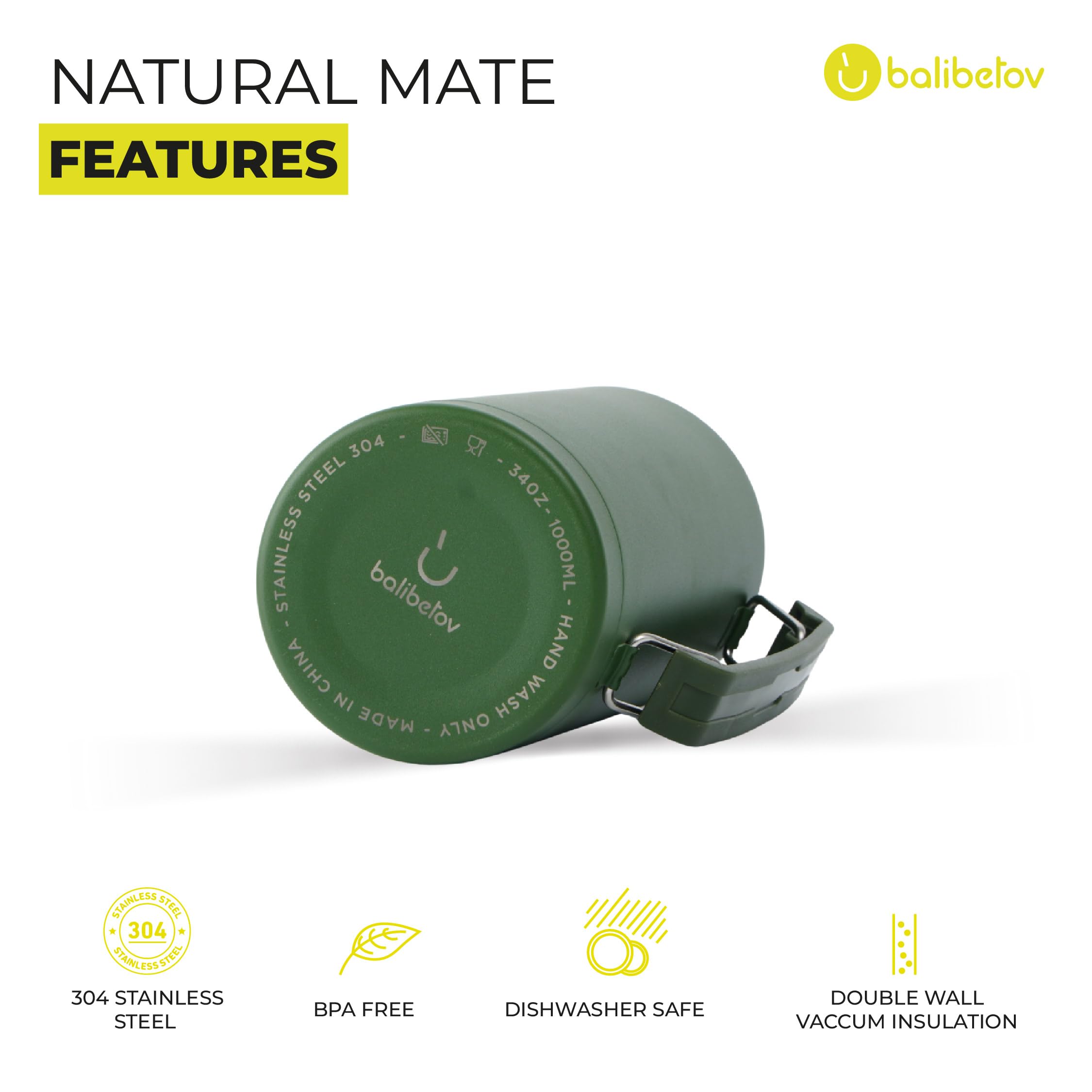 BALIBETOV Kompletny zestaw Yerba Mate – nowoczesna tykwa Mate (266 ml), butelka termiczna z 2 wylewkami (999 ml), 2 słomki Bombilla - zestaw jakości premium, zielona