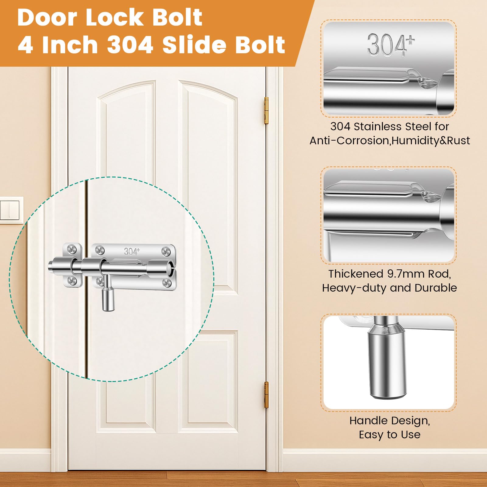 3 Pcs Door Lock Bolt,Gate Bolt Lock,Stainless Steel Door Latch with Screws 4",Heavy Duty Sliding Shed Bolts for Doors,Security Gate Bolts for Wooden Gates,Bathroom,Bedroom,Garden,Shed,Toilet,Fences - Image 2
