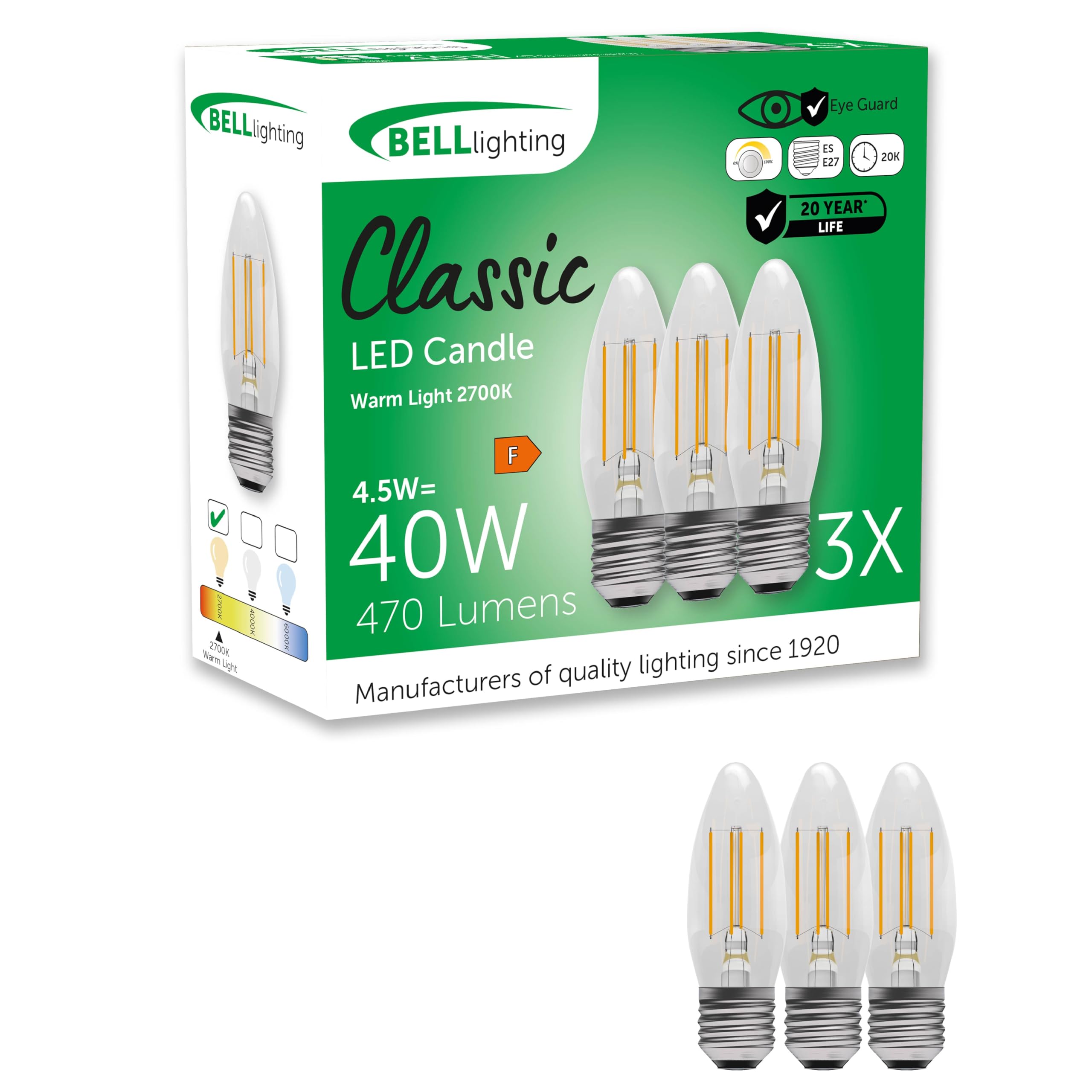 BELL Lighting E27 Edison Screw Filament Dimmable Light Bulb LED Candle 3 Pack, Warm White - 2700k
