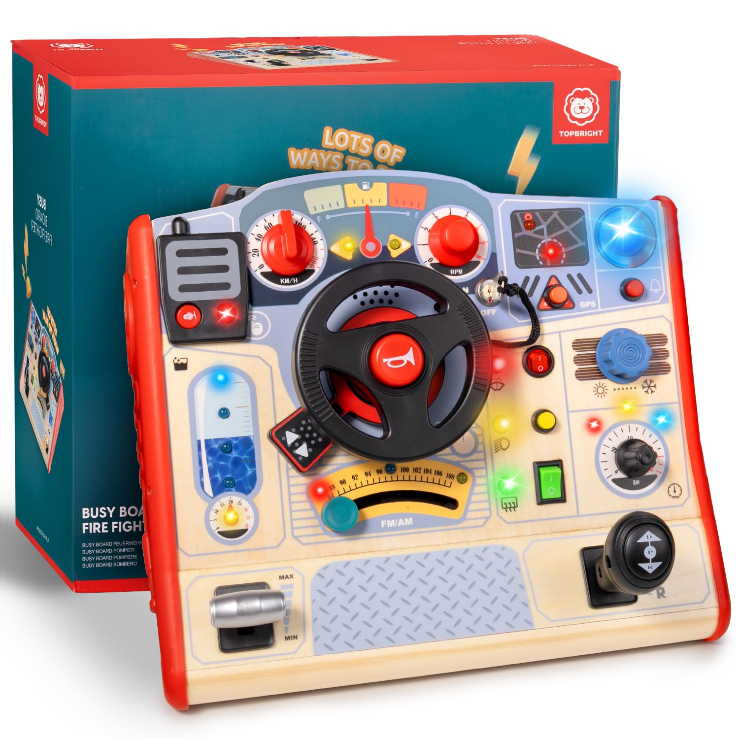 TOP BRIGHT Dashboard Busy Board for Toddlers with Sound & Light, Fidget Sensory Toy with Steering Wheel for 3 4 Year Old , Montessori Wooden Educational Toys for Boys Girls Ages 3+