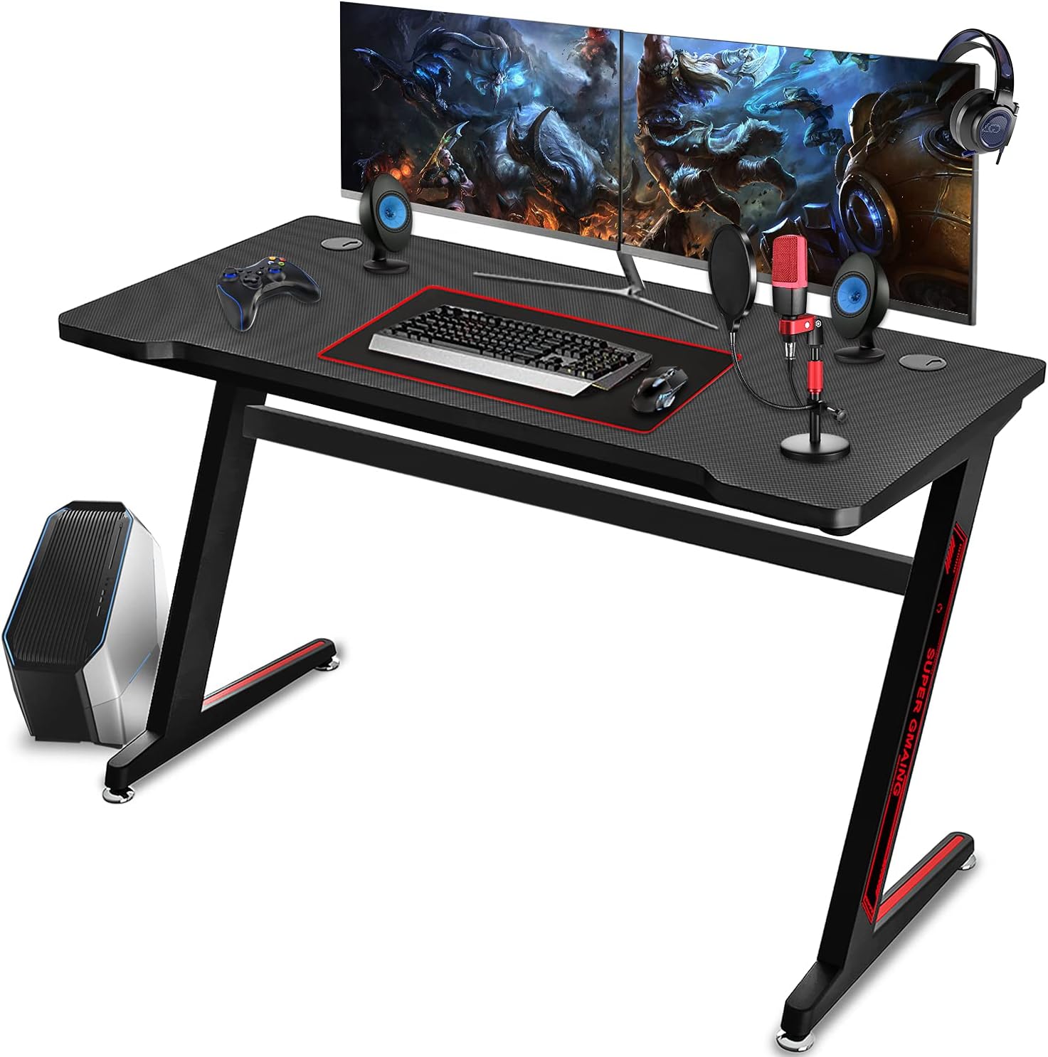 Ferghana Gaming Desk Z-Shape Large Size 47 inch, Black Gaming Computer Desk with Carbon Fiber Surface, Durable Frame, Racing Style for Home, Office,Dormitory,Internet Bar(Black)