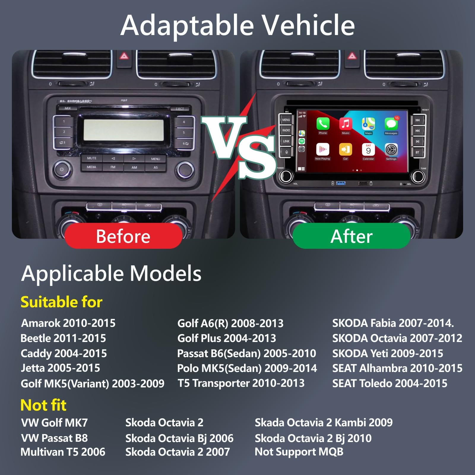 Linux Autoradio per Golf 5 6 Passat Jetta Caddy Polo cc Tiguan EOS Touran T5 Scirocco Wireless Carplay & Android Auto, con display IPS da 7 inch Bluetooth/FM/AM/USB/EQ/Touch