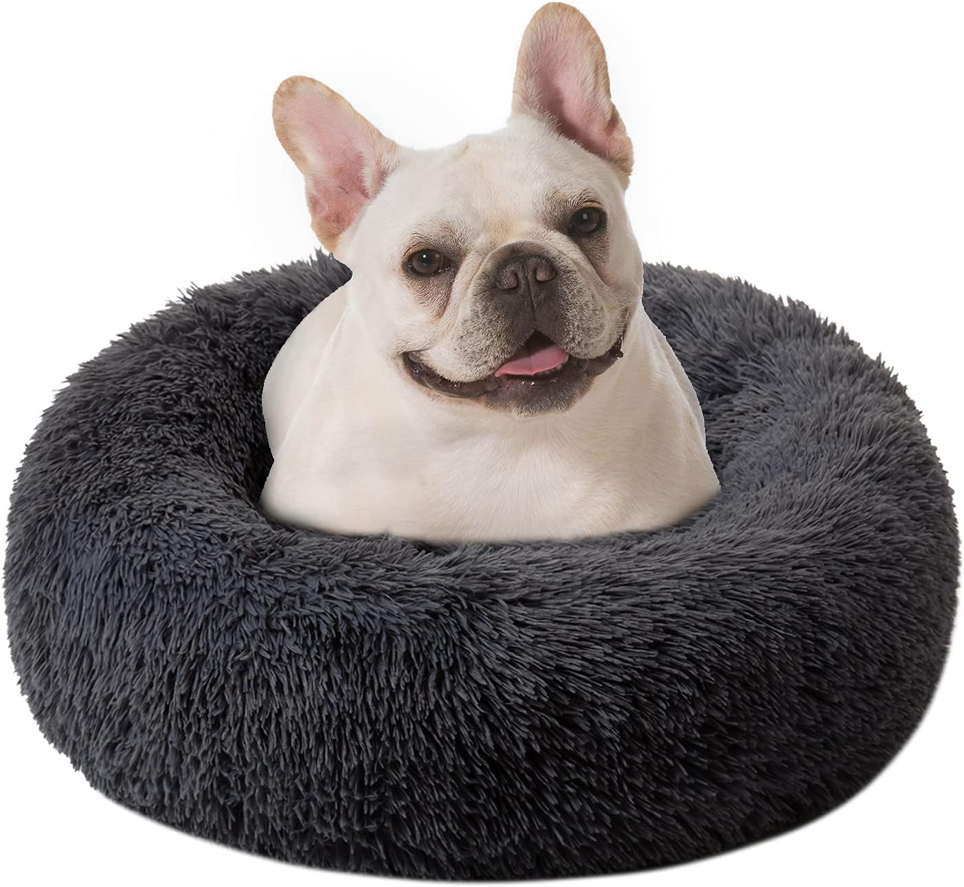DanceWhale Calming Dog Bed, Anti Anxiety Round Donut Cat Bed for Medium Large Pet, Warming Cozy Soft Plush Cuddler Fuzzy Cusion Comfy Furry Mat(Dark Grey 23.7")