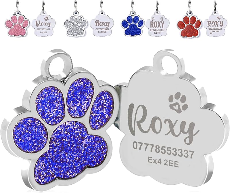 EDSG Etiquetas de perro de gato personalizadas para mascotas, etiquetas de nombre de perro, etiqueta de identificación de nombre de gato, etiquetas de perro grabadas, etiquetas de identificación de perro con purpurina pequeña, etiqueta de identificación con impresión de pata para gato, mascota, perro, cachorro (azul, diseño 4)