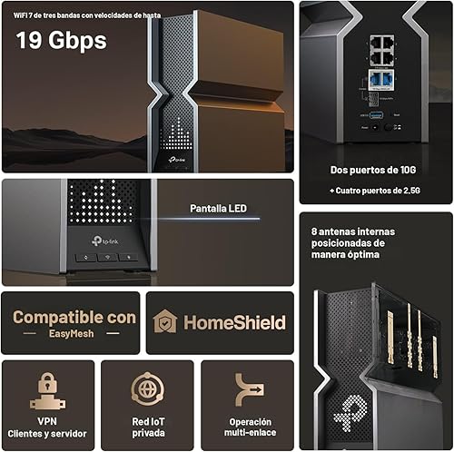 Miniatura 4 de TP-Link Enrutador WiFi 7 Tri-Band BE19000 (Archer BE800)  12-Stream 19 Gbps  2×10G + 4×2.5G Puertos  Pantalla LED, 8 antenas de alto rendimiento