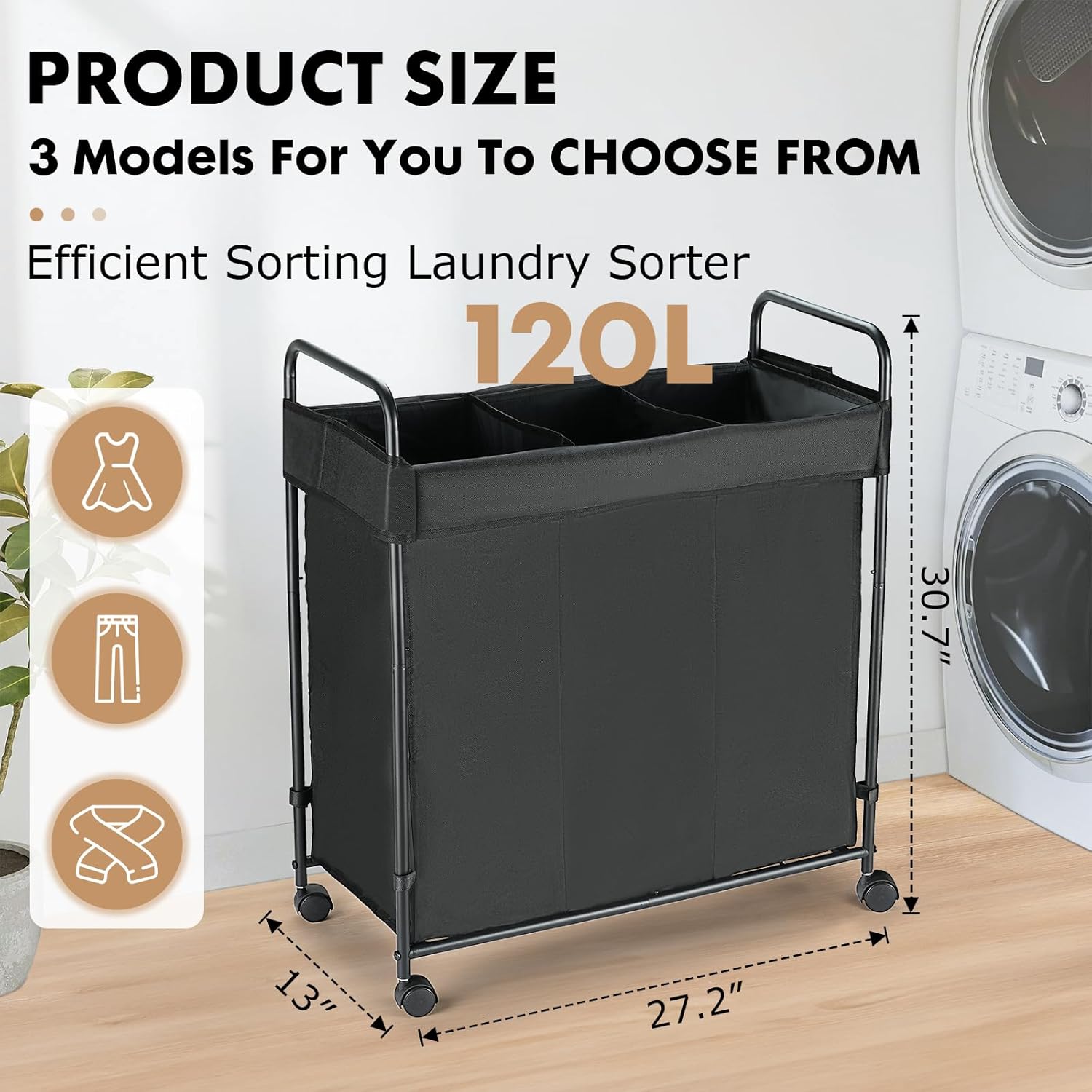Laundry Hamper, 120L Oxford Fabric Laundry Sorter with Wheels, Rolling Laundry Sorter Cart with Removable Liner, Dirty Clothes Hampers for Bedroom, Laundry Room, Bathroom