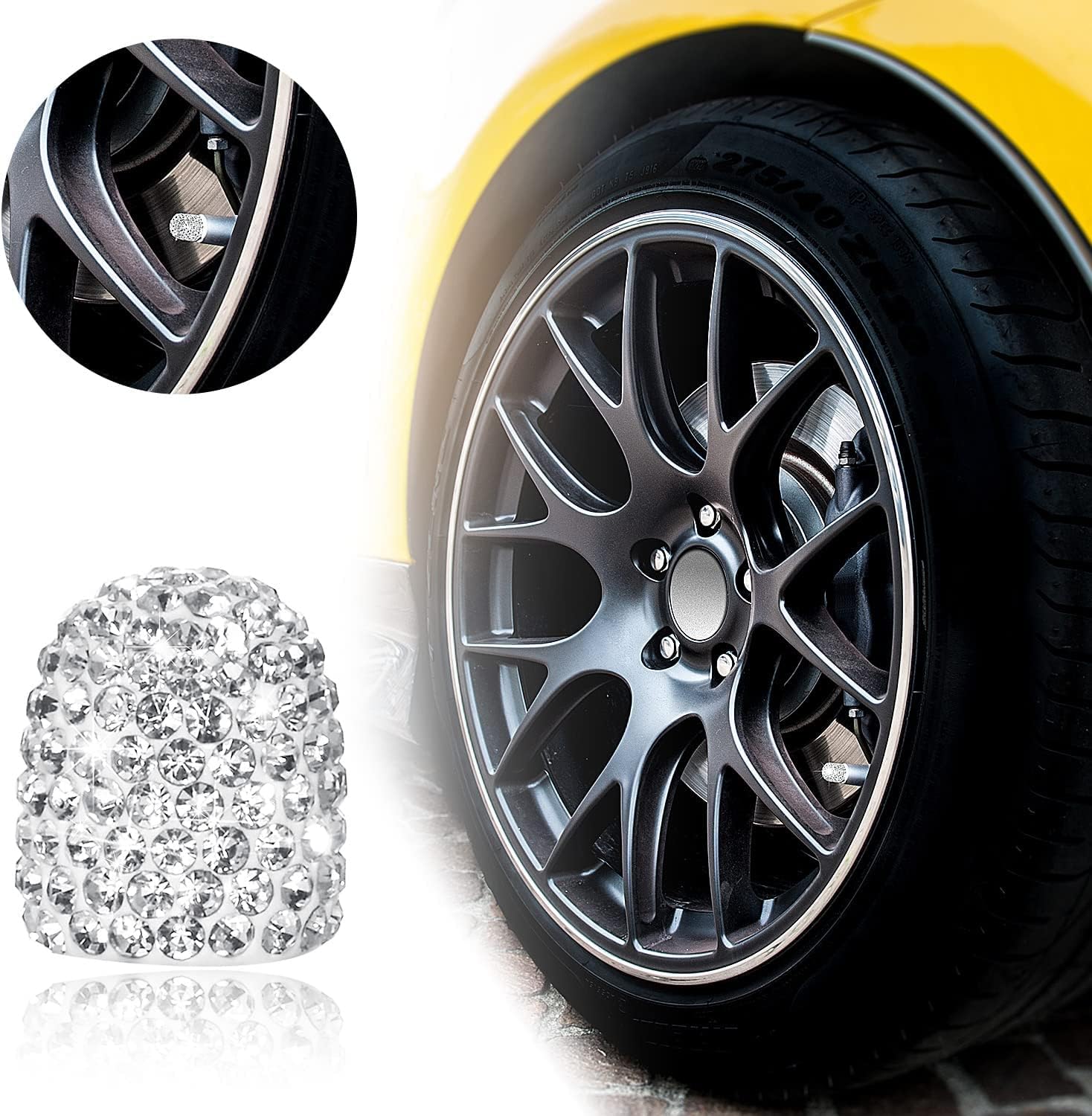 6 Pieces Bling Rhinestone Car Accessories Set Includes Bling License Plate Frame, Ring Emblem Sticker, Bling Valve Stem Caps Tire Valve Dust Caps for Auto Car Ornament Decoration (Silver)