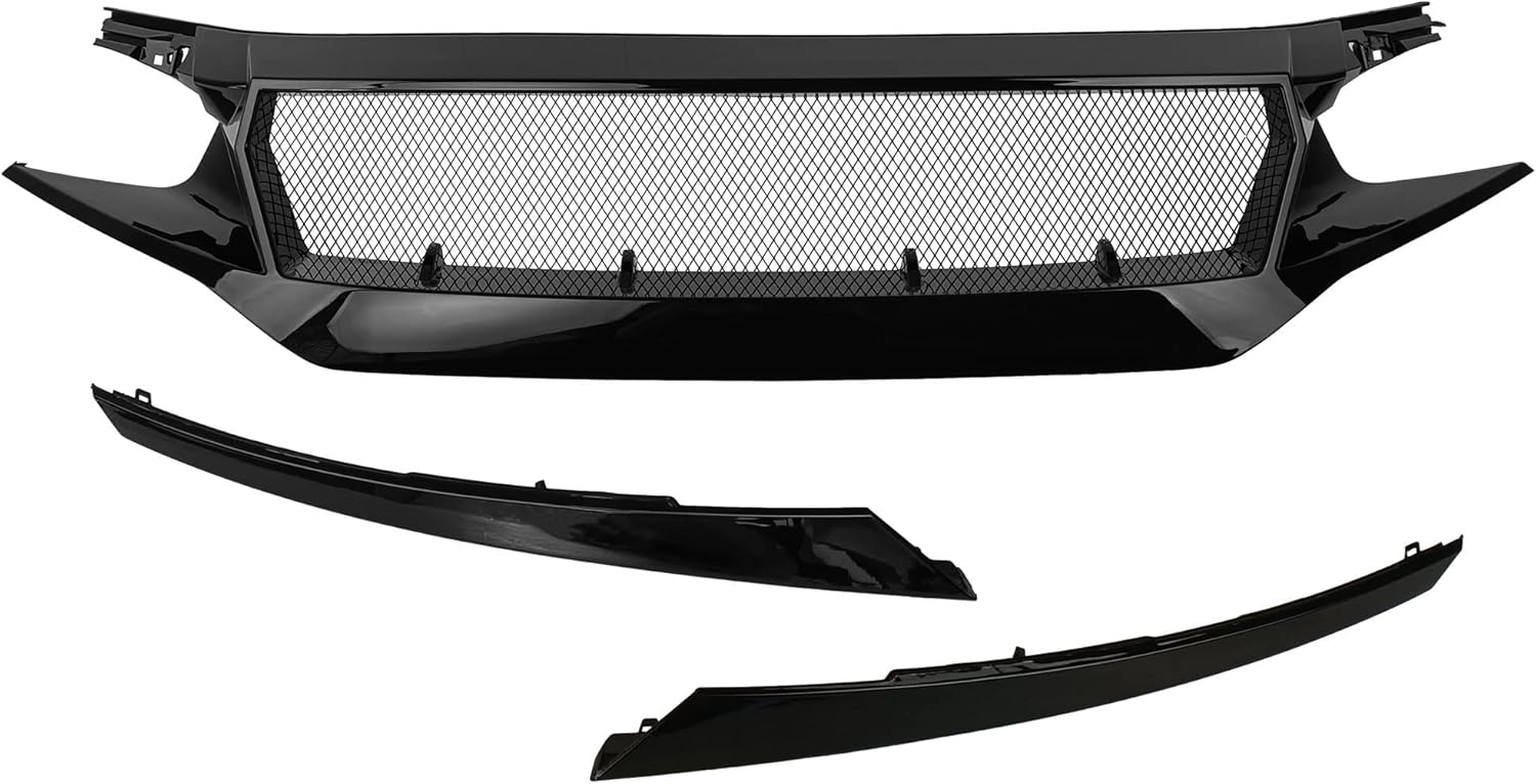 PartsFlow Front Bumper Grille Sports Grill Glossy Black Mesh For 2016 2017 2018 2019 2020 2021 Honda Civic Si Hatchback
