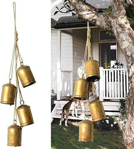 Vista 19 de Styleonme Campanas decorativas, decoración navideña, cuerda colgante Huangma, campanas de toro decorativas de metal, juego de 4 piezas de campanas
