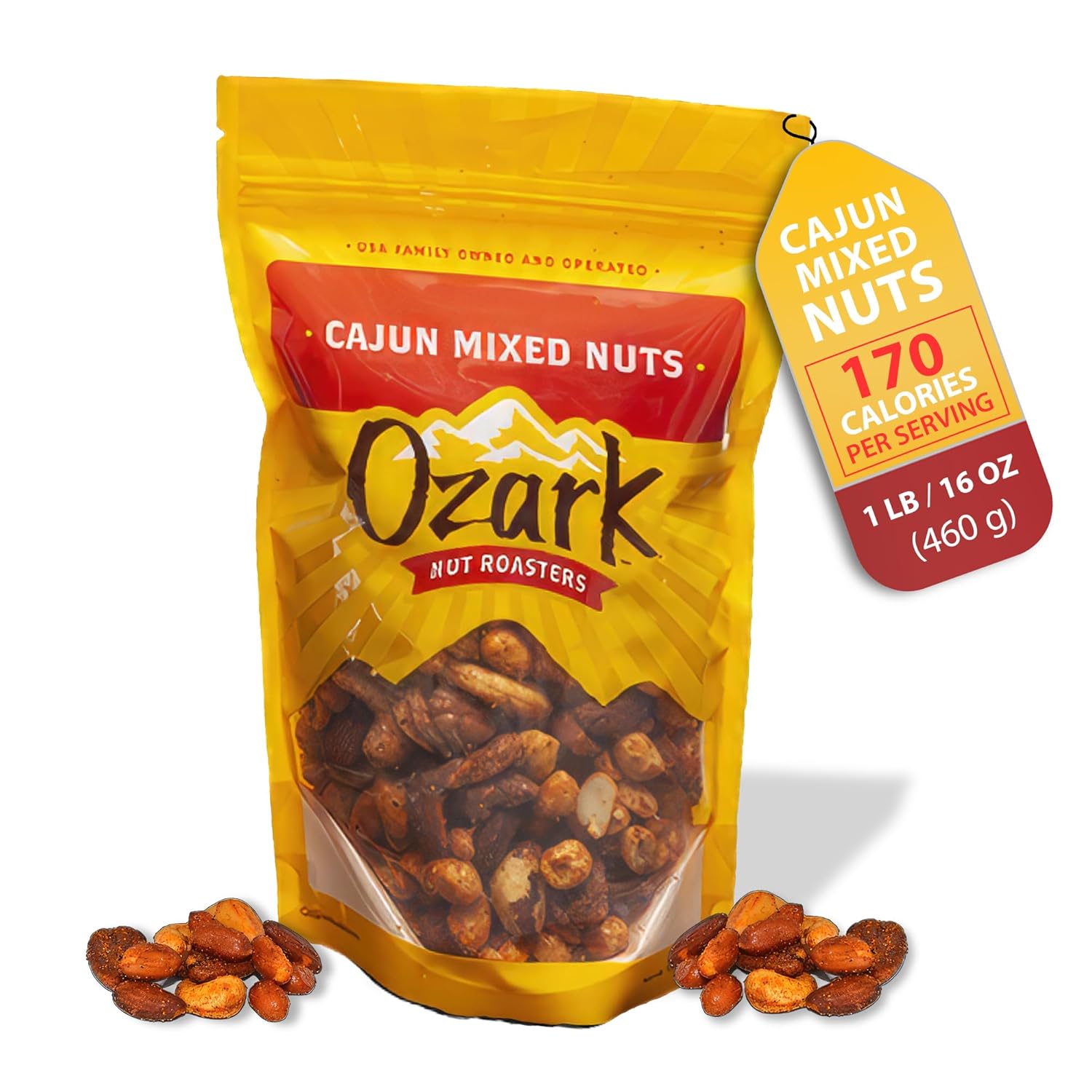 OZARK NUT ROASTERS, Cajun Mixed Nuts, Hot & Spicy Flavored Snack Nuts, Blend of Pecans, Peanuts, Cashews, Almonds & Brazilian Nuts Pack of 1 (16 oz)