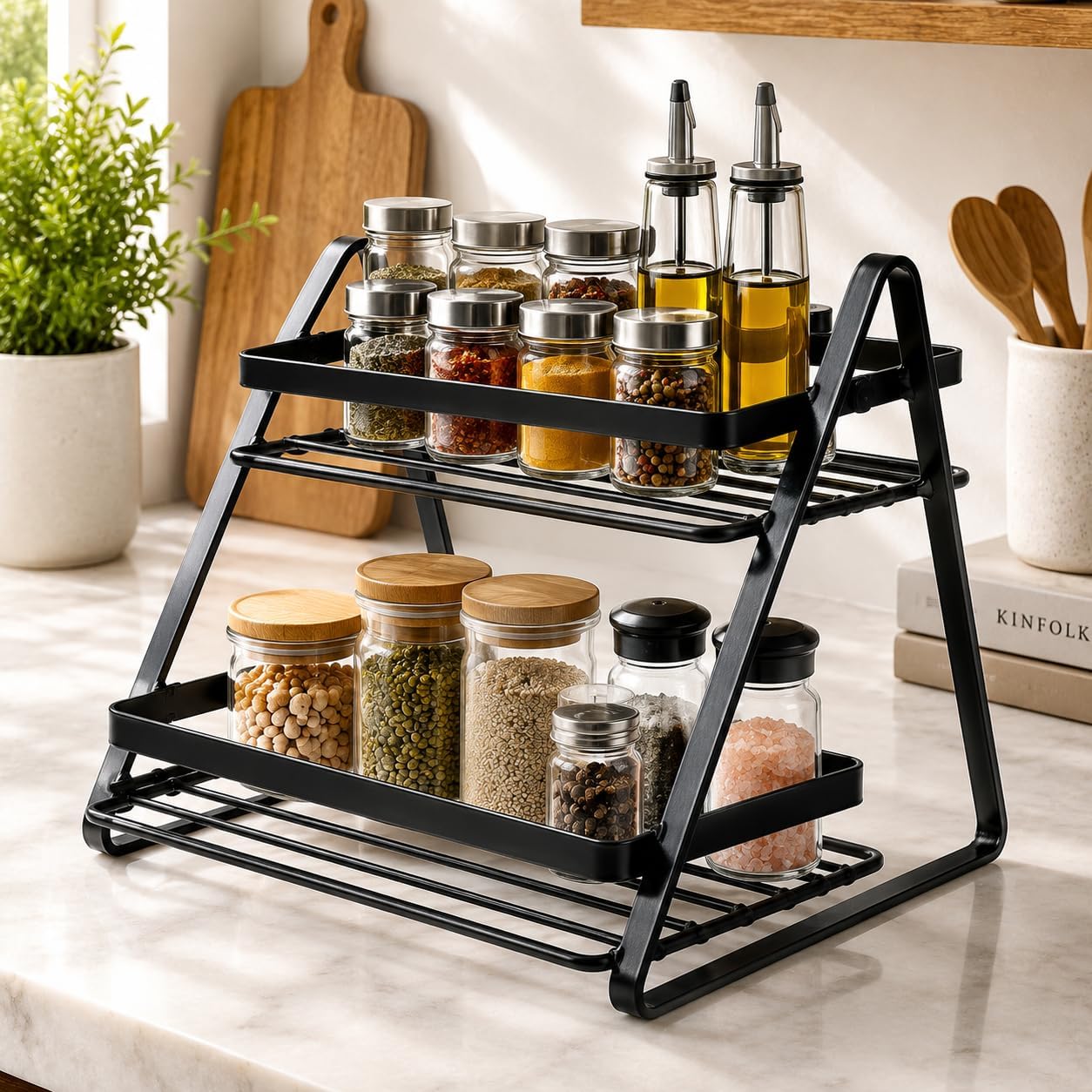 2 Tier Kitchen Spice Rack Organizer with Oil Bottle Holder, Metal Countertop Storage Stand for Spices, Condiments, Flour, Sugar, Oats, Kitchen Pantry & Dining Table Organizer (Black)-image-24