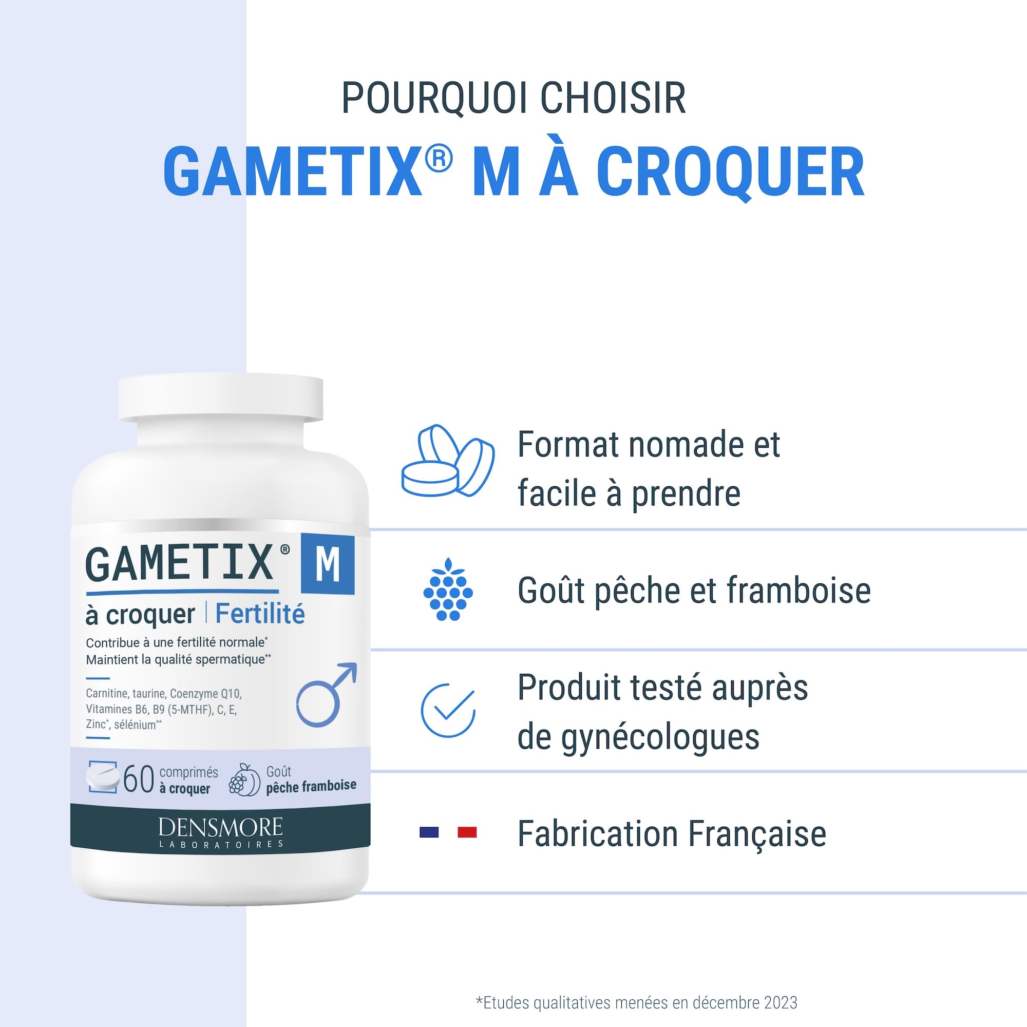 Densmore – GAMETIX M à Croquer – Complément Alimentaire Fertilité Masculine à base de Coenzyme Q10, Zinc, Sélénium, Vitamines C, E, B6 et B9 - Goût Pêche Framboise - 60 Comprimés - Fabriqué en France