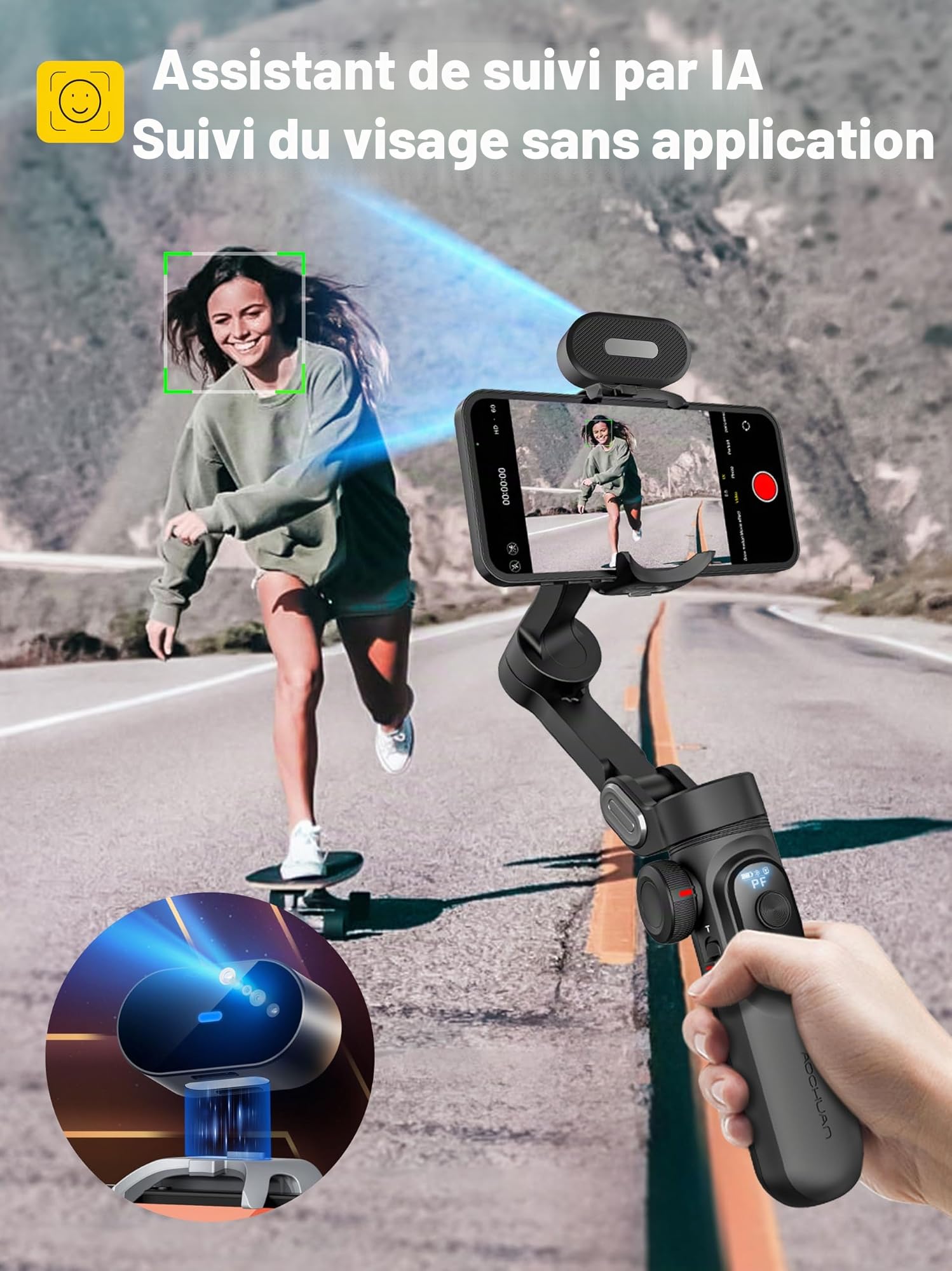 Stabilisateur de Smartphone AOCHUAN X Pro AI, stabilisateur 3 Axes pour iPhone et Android, capteur de Suivi IA (sans Application), écran OLED/lumière intégrée