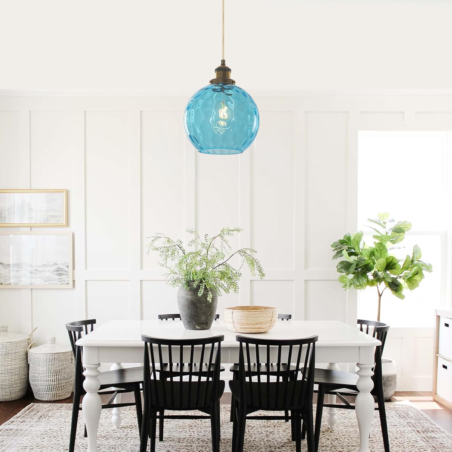 ETONIMERR Plug in Pendant Light, Hanging Lights with Plug in Cord and Dimmable Switch, Blue Plug in Hanging Light with Hammered Globe Glass Shade, Outdoor Chandelier for Gazebo Porch Kitchen Island