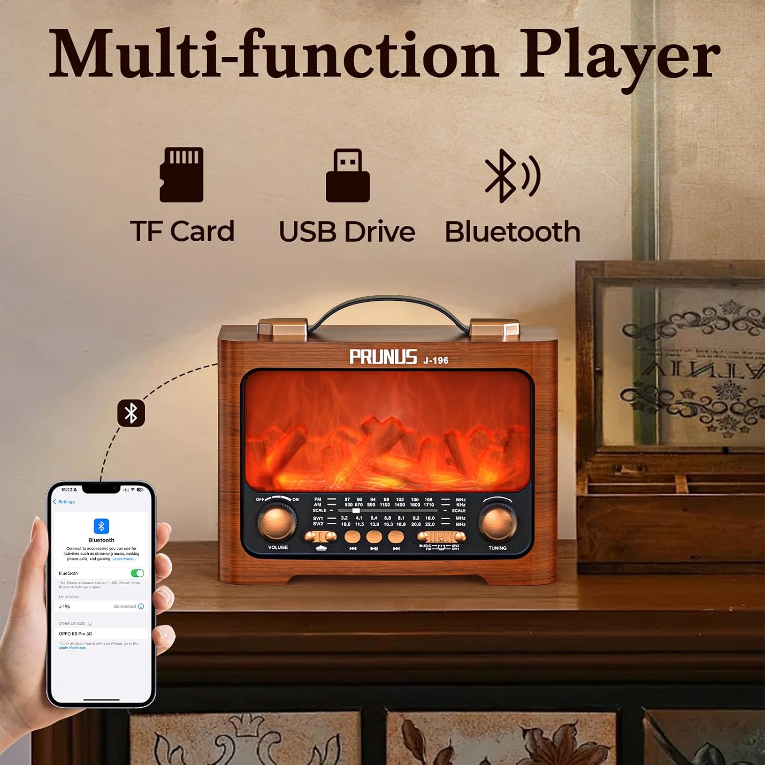 PRUNUS J-196 AM FM Radio with Best Reception for Home, Bluetooth, Flame LED, TF/USB Playback, Portable, USB-C Charging, Loud Sound, Battery Operated Radios, Transistor Radios, Portable Radio AM FM