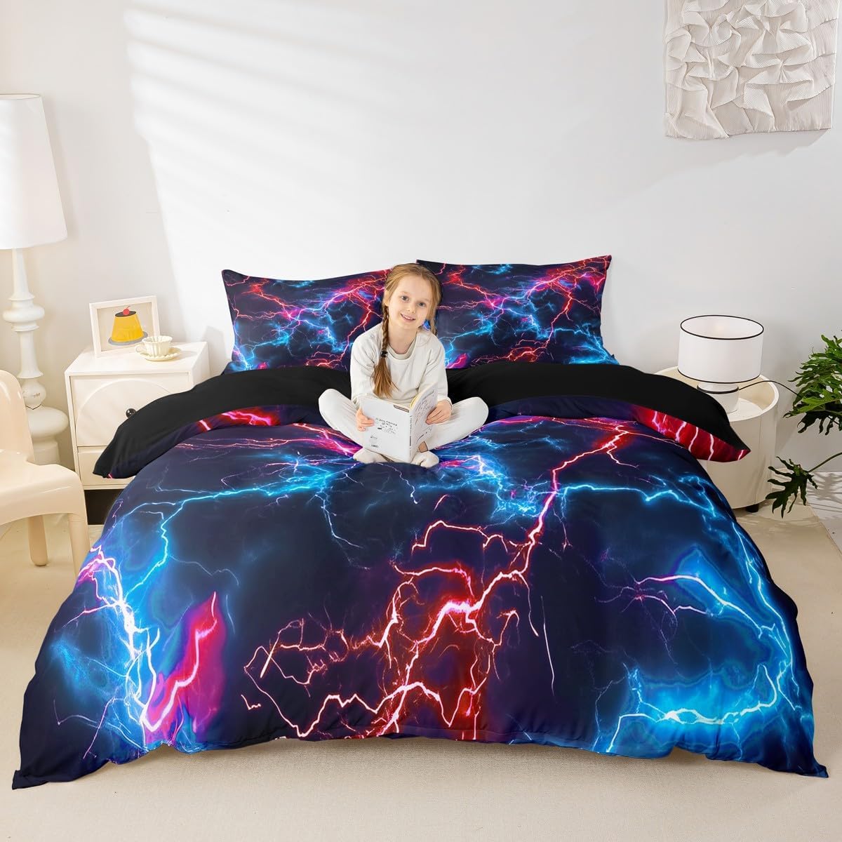jejeloiu Pink Red Blue Duvet Cover Toddler Size Strip Lines Bedding Set for Kids Geometric Modern Comforter Cover,NO Comforter