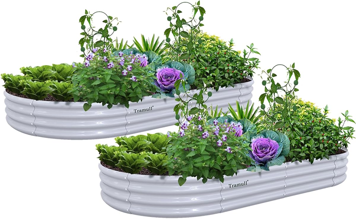 Tramull 2 Pack 8x4x1FT Galvanized Raised Garden Bed Kit Oval Metal Ground Planter Box Outdoor Bottomless Planter Raised Beds for Vegetables Flowers Herbs Fruits, Gray