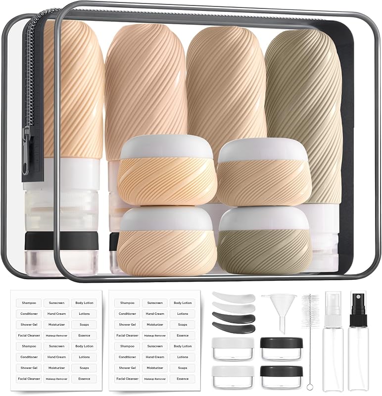 LitBear Kit com 23 recipientes reutilizáveis para viagem, com frascos de silicone, potes e bolsa transparente