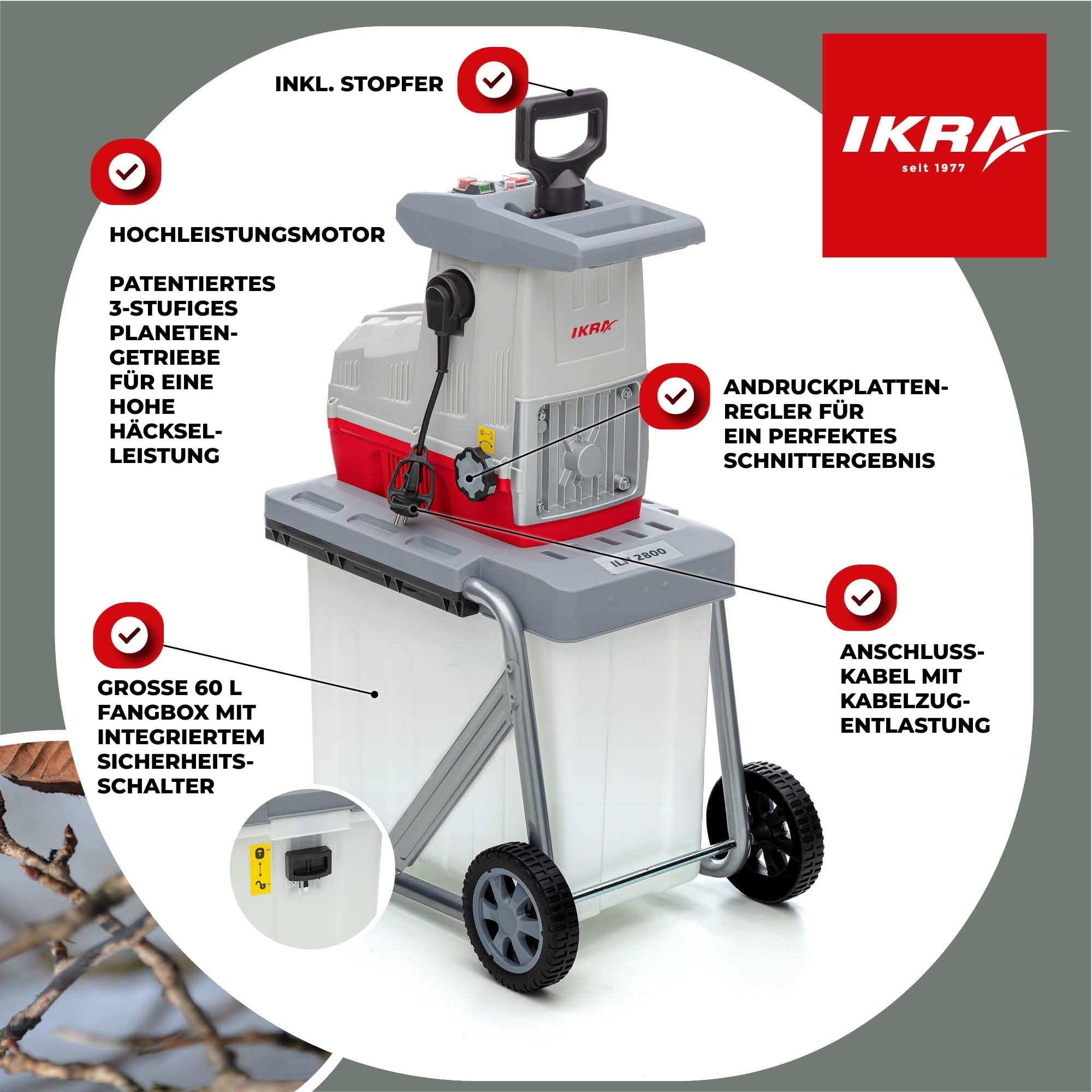 IKRA Elektro Walzenhäcksler ILH 2800 2800W Aststärke bis 44mm leise robust wartungsarm Asteinzug