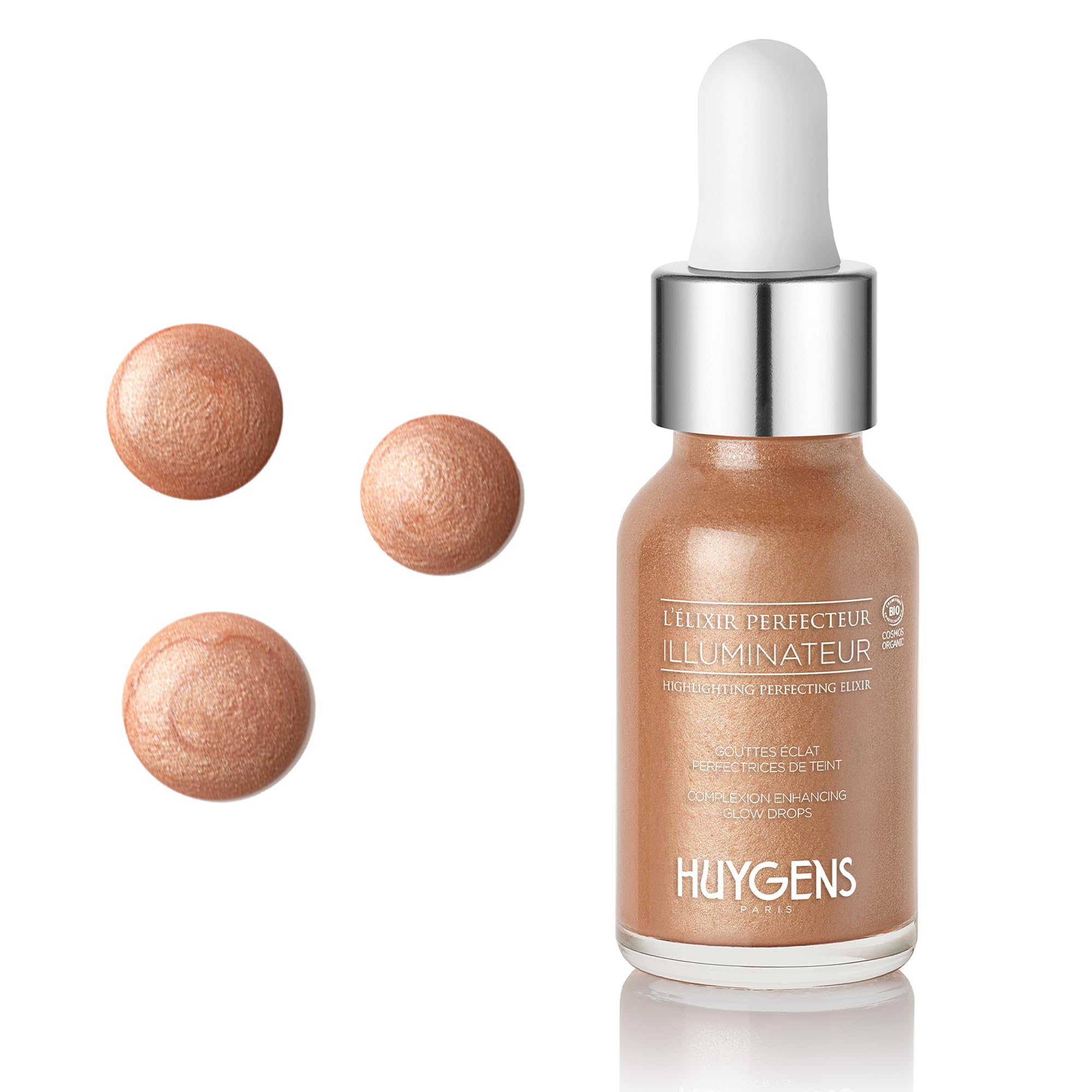 HUYGENS Élixir Perfecteur Illuminateur – Sérum Highlighter Liquide Effet Glow – Enlumineur de Teint Bio Hydratant – Eau de Source Marine, Aloe Vera & Nacres Dorées – 15 ml
