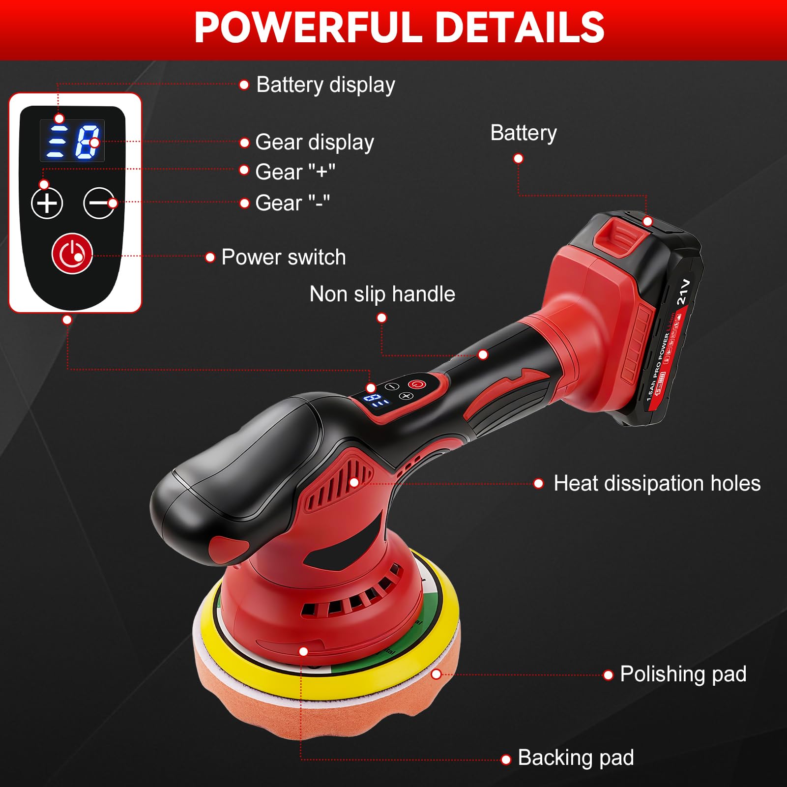 Pulidora Coche Inalámbrica, 150 mm Pulidora Orbital Coche, 8 Velocidades Kit Pulido Coche con 2x21 V 1500mAh Baterías, 2600–5800 RPM para Cuidado del Coche, Encerado, Pulido y Elimina Arañazos
