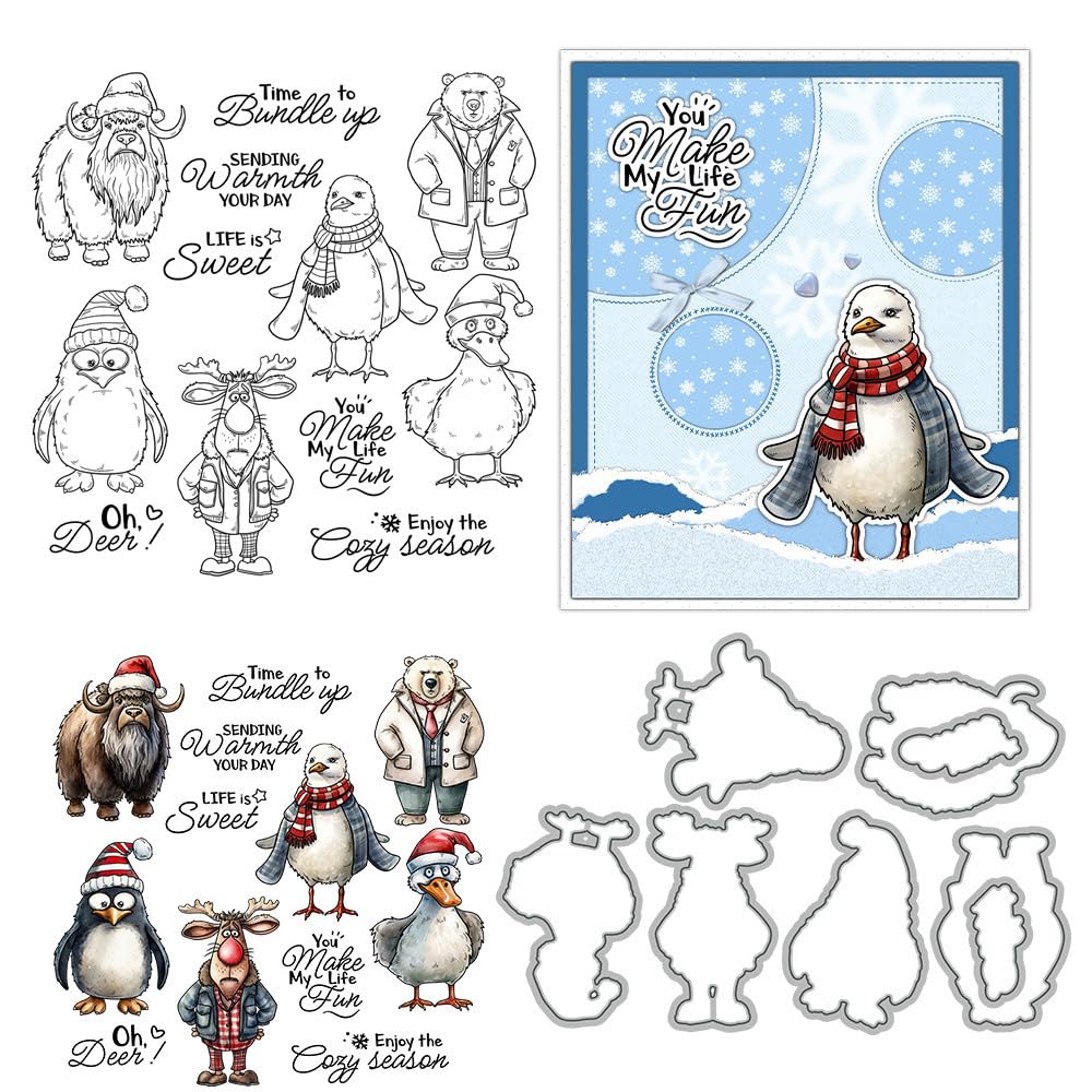 Christmas Animals Stamps and Die Cuts for Card Making Santa Hats Transparent Silicone Clear Stamp and Metal Cutting Dies Sets for DIY Scrapbooking Paper Crafting Seals Decorative Supplies