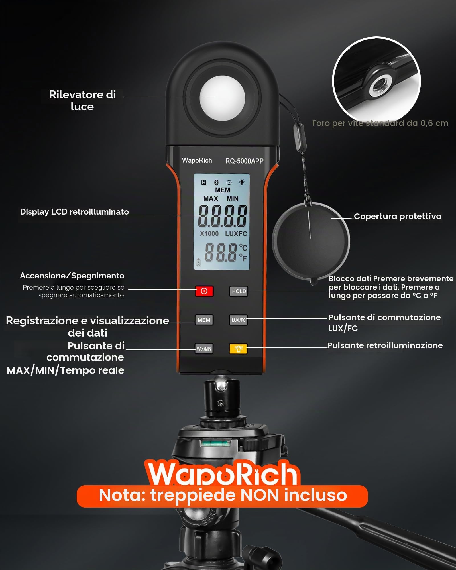 Luxmetro Bluetooth Professionale, WapoRich Misuratore di Luce Digitale Misura 1~400.000 Lux/FC con Temp Ambientale e Schermo Retroilluminato per Piante, Esposimetro Fotografico e Luci LED - RQ-5000APP