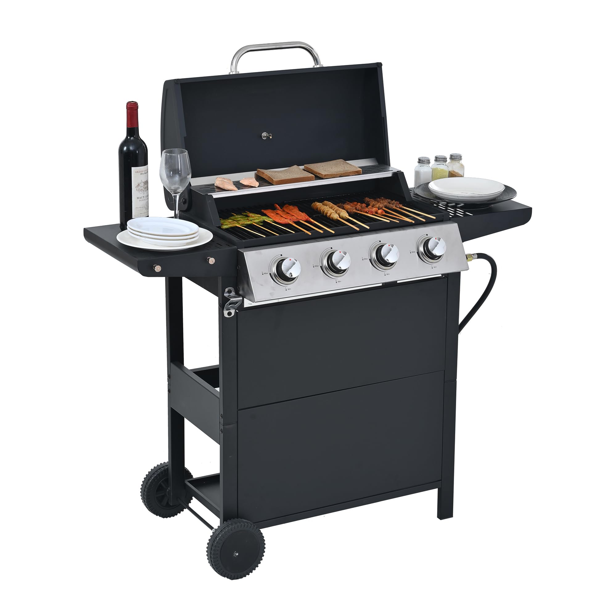 4 Burners BBQ Propane Gas Grill, 34,200 BTU Output Stainless Steel Grill with Two Side Table and Thermometer, 2 Casters&Cover Lid, for Barbecue Outdoor Patio Garden Picnic Backyard BBQ Camping, Black