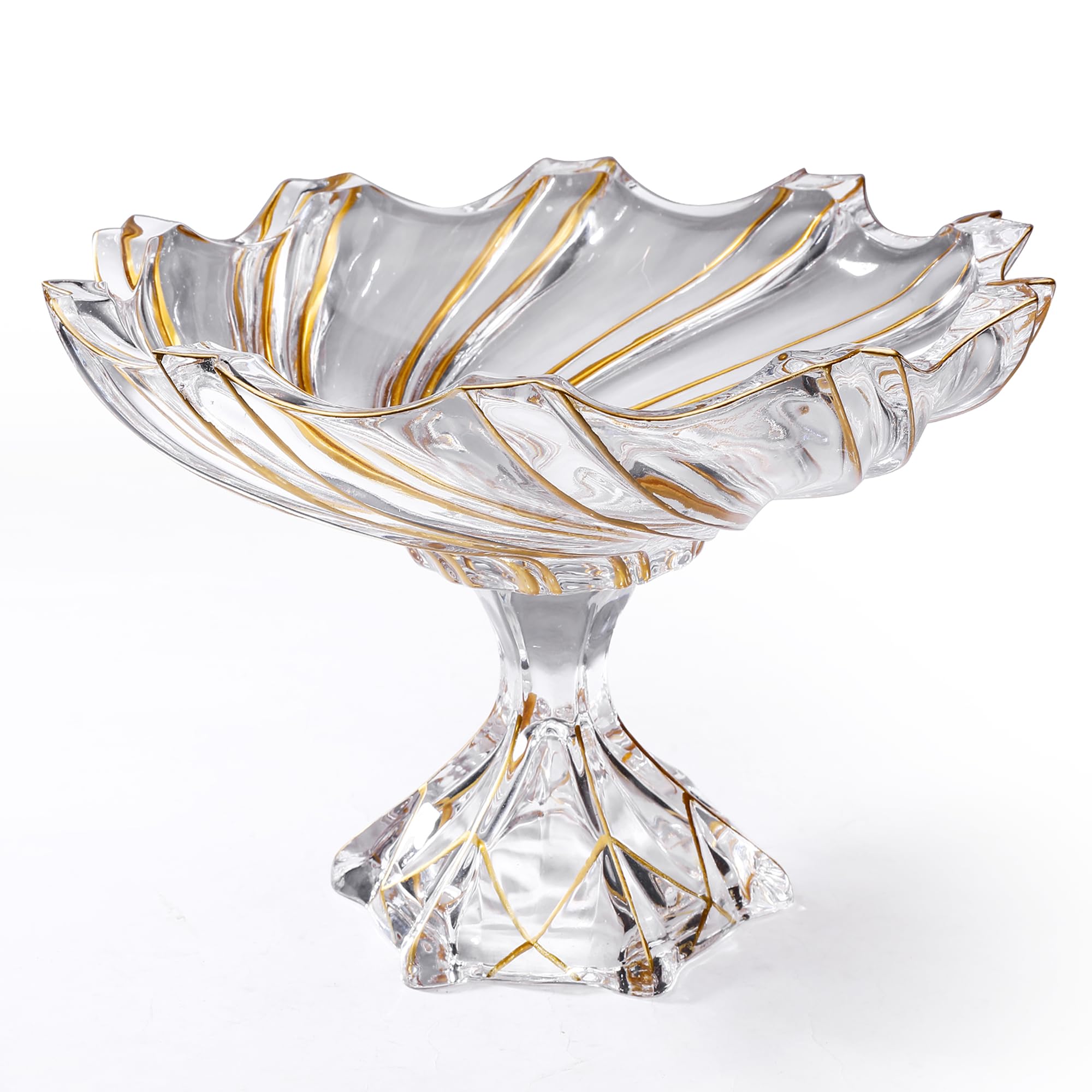 Grand bol décoratif en verre de cristal peint à la main en forme de tourbillon doré - 32 cm de diamètre - Bol en verre sur pied pour comptoir de cuisine et centre de table à manger