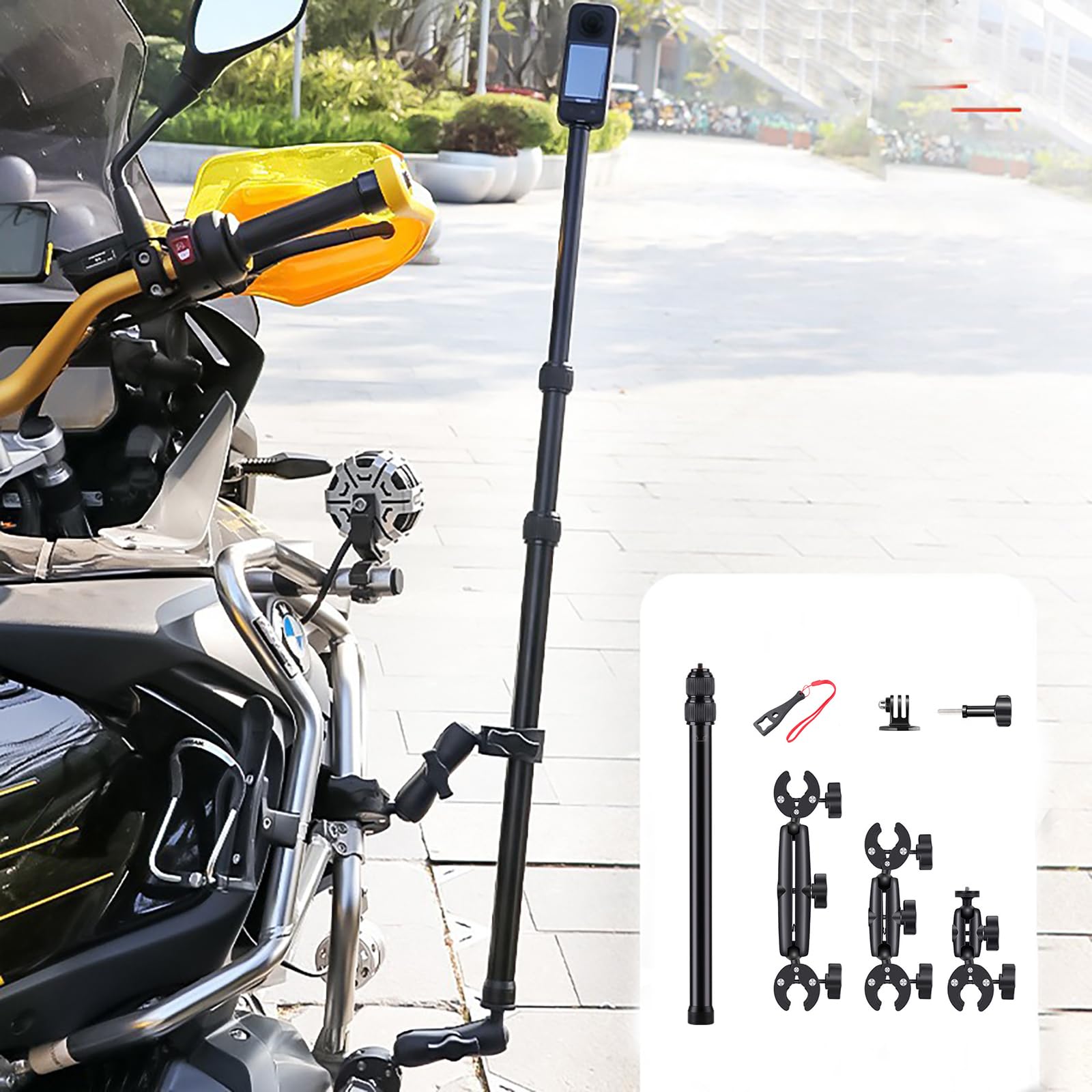 NEWFUN Supporto per Videocamera, Accessorio per insta360 x4, Kit per Moto per insta360 x4, X3, X2 Rotazione di 360 Gradi, Doppio Morsetto, Supporto per Moto, Compatibile con Più Dispositivi