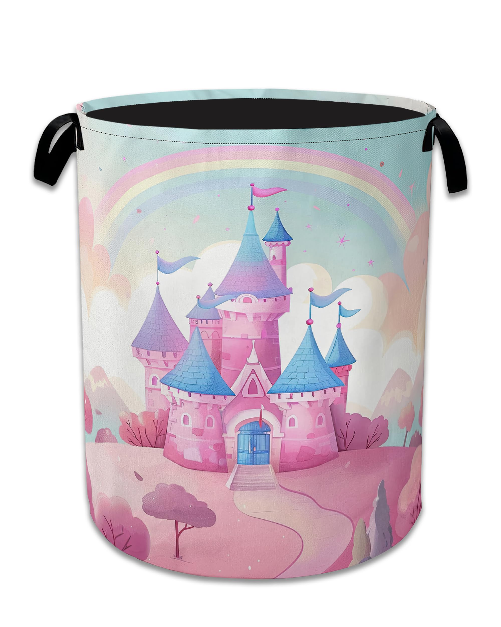 Pink Castle Large Storage Basket Collapsible Laundry Basket Oxford Storage Bin for Gift Baskets Bedroom Clothes Hamper 16" X 20.8"