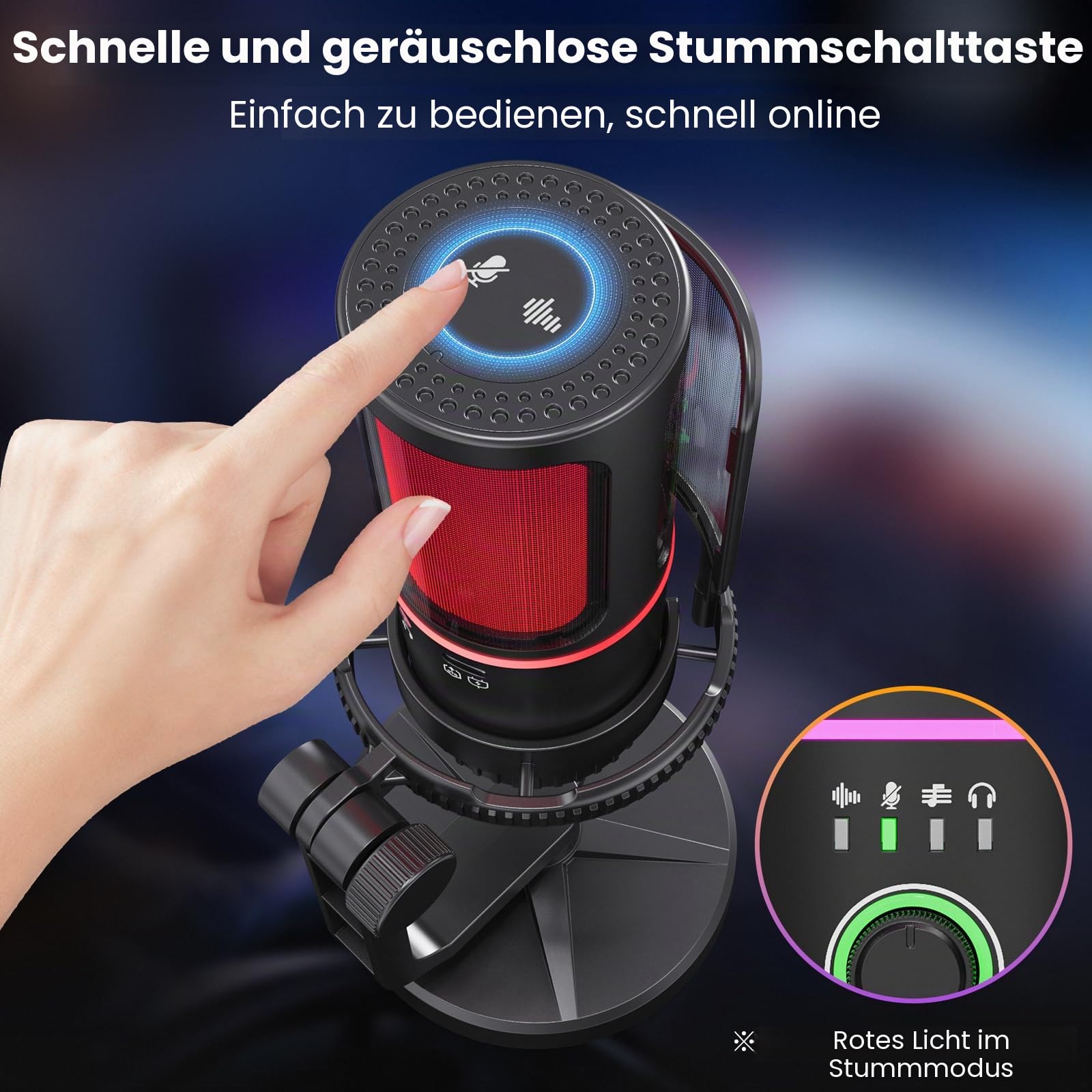 SINWE USB Gaming Mikrofon mit Rauschunterdrückung und Gain-Steuerung – Mikrofon für PC, PS4/5, Streaming, Gaming und Podcasts – inkl. Pop-Filter, Aufhängung, schnelle Stummschaltung und