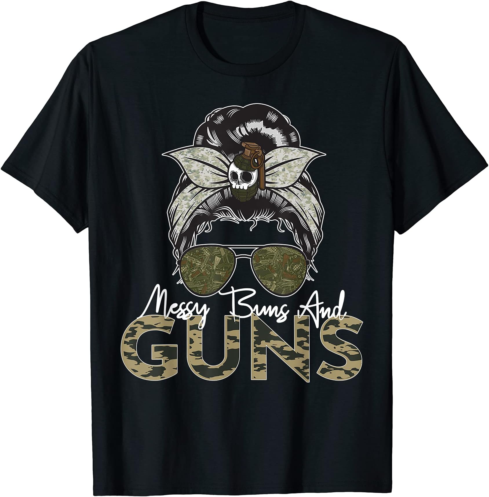 Messy Buns and Guns tshirt For Women Wife Mom Military T-Shirt