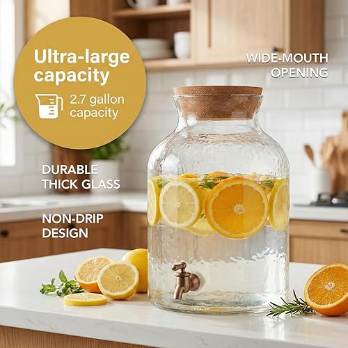Miniatura 5 de Style Setter Dispensador de bebidas frías con jarra de vidrio de capacidad de 2.7 galones, tapa de corcho y grifo acrílico a prueba de fugas, ideal